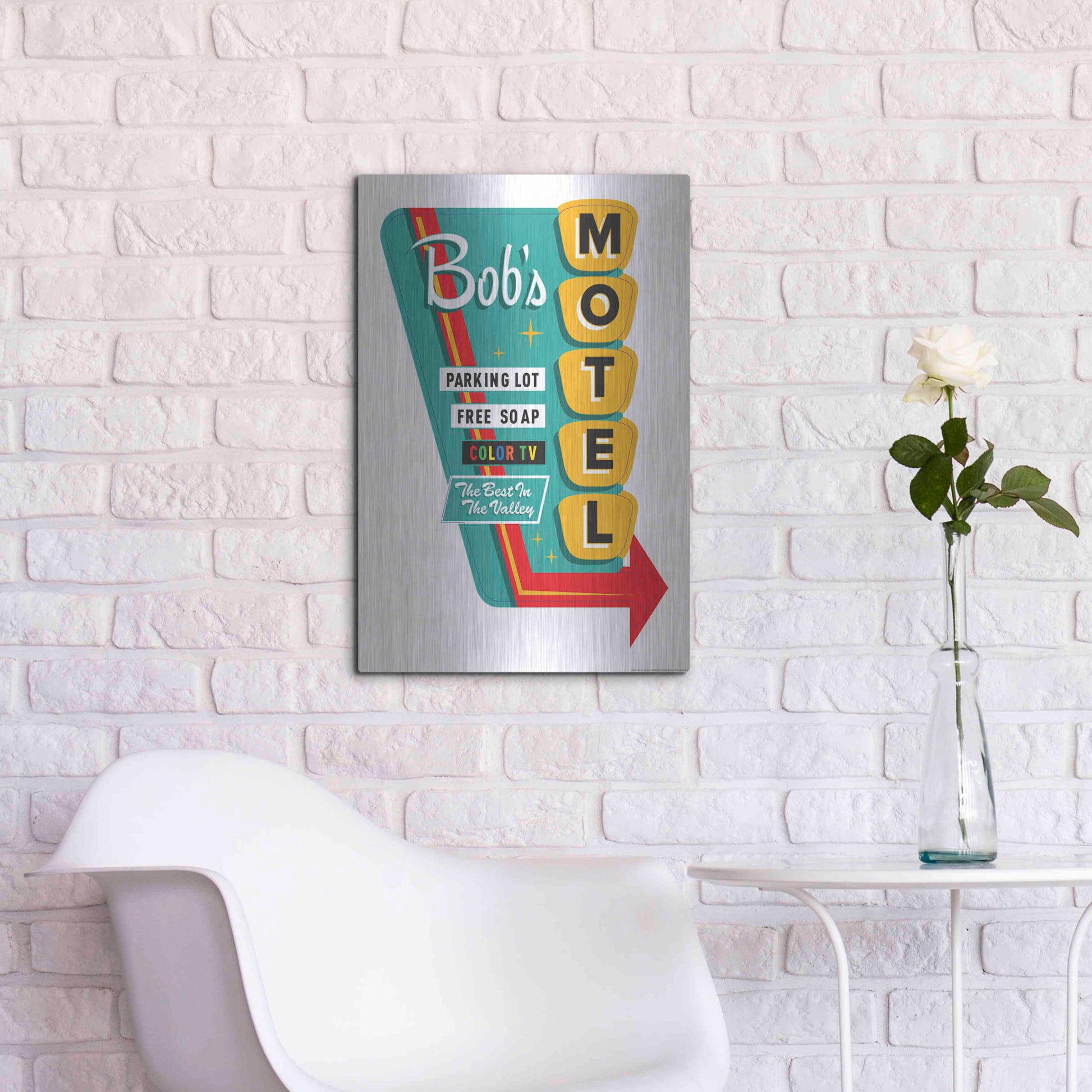 Luxe Metal Art 'Bob's Motel In White' by JJ Brando, Metal Wall Art,16x24