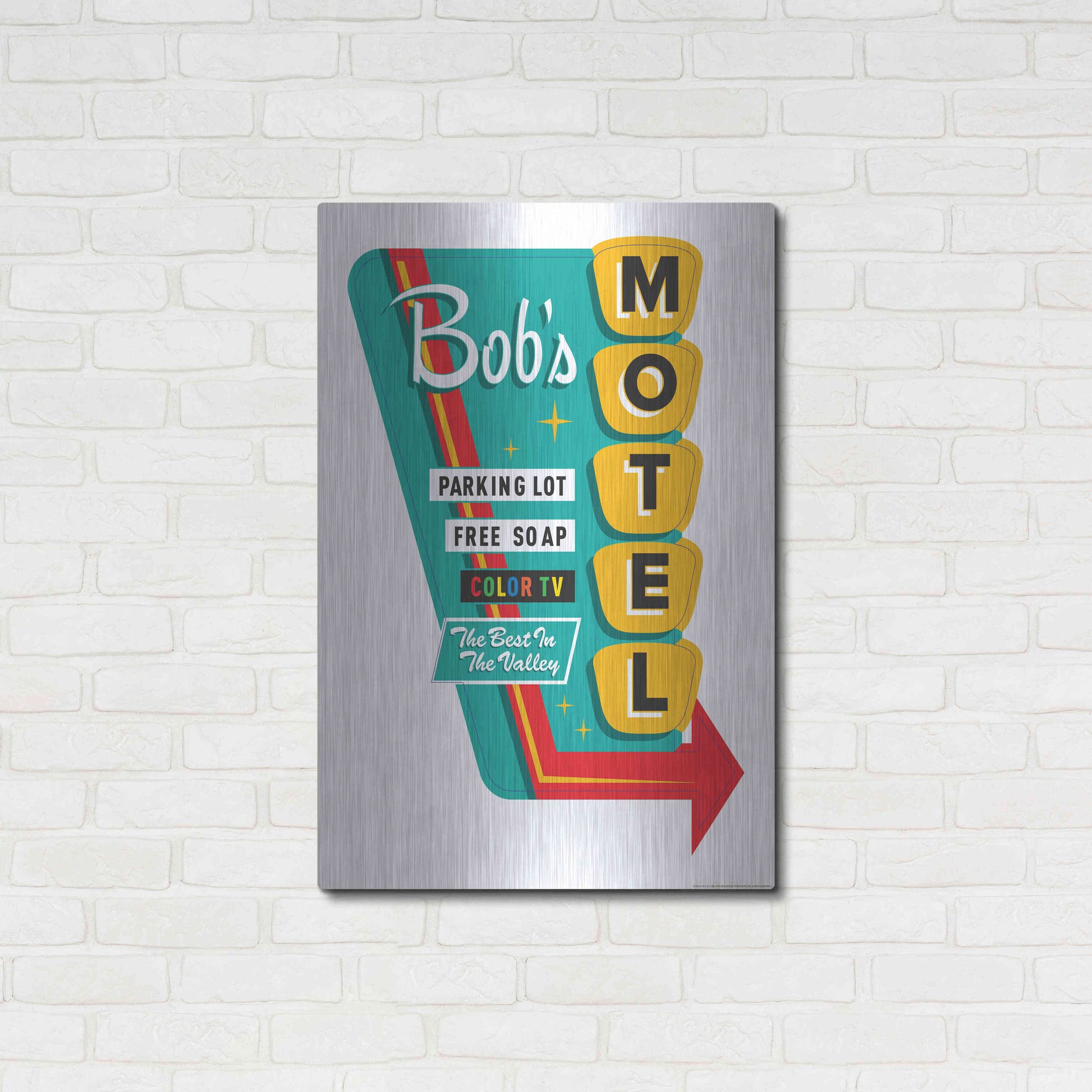 Luxe Metal Art 'Bob's Motel In White' by JJ Brando, Metal Wall Art,24x36