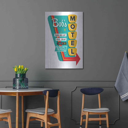 Luxe Metal Art 'Bob's Motel In White' by JJ Brando, Metal Wall Art,24x36