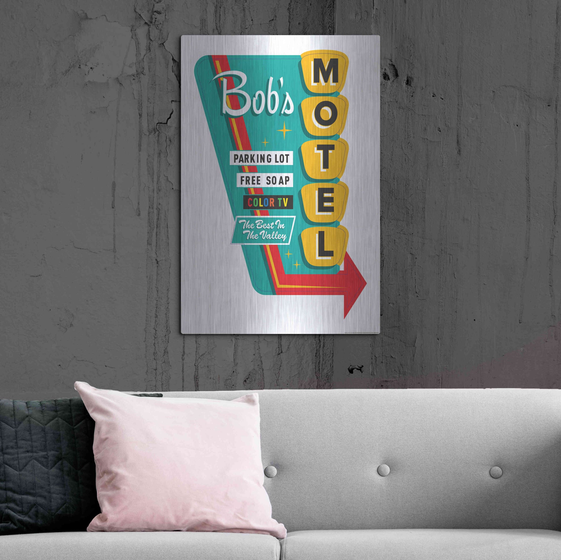 Luxe Metal Art 'Bob's Motel In White' by JJ Brando, Metal Wall Art,24x36