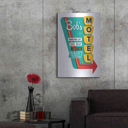 Luxe Metal Art 'Bob's Motel In White' by JJ Brando, Metal Wall Art,24x36