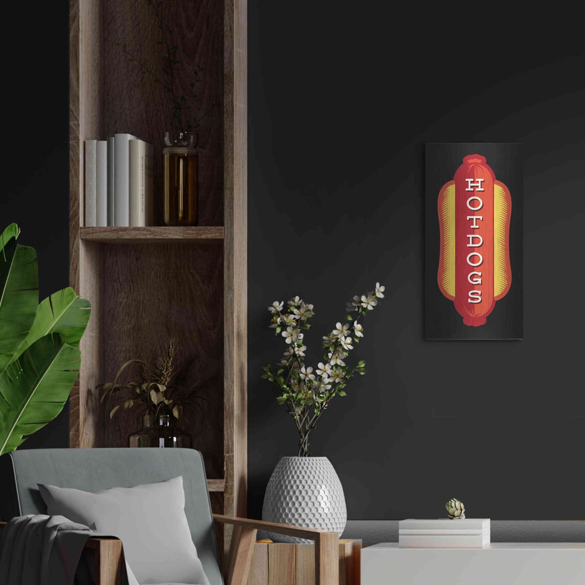 Luxe Metal Art 'Hotdogs In Black' by JJ Brando, Metal Wall Art,12x24