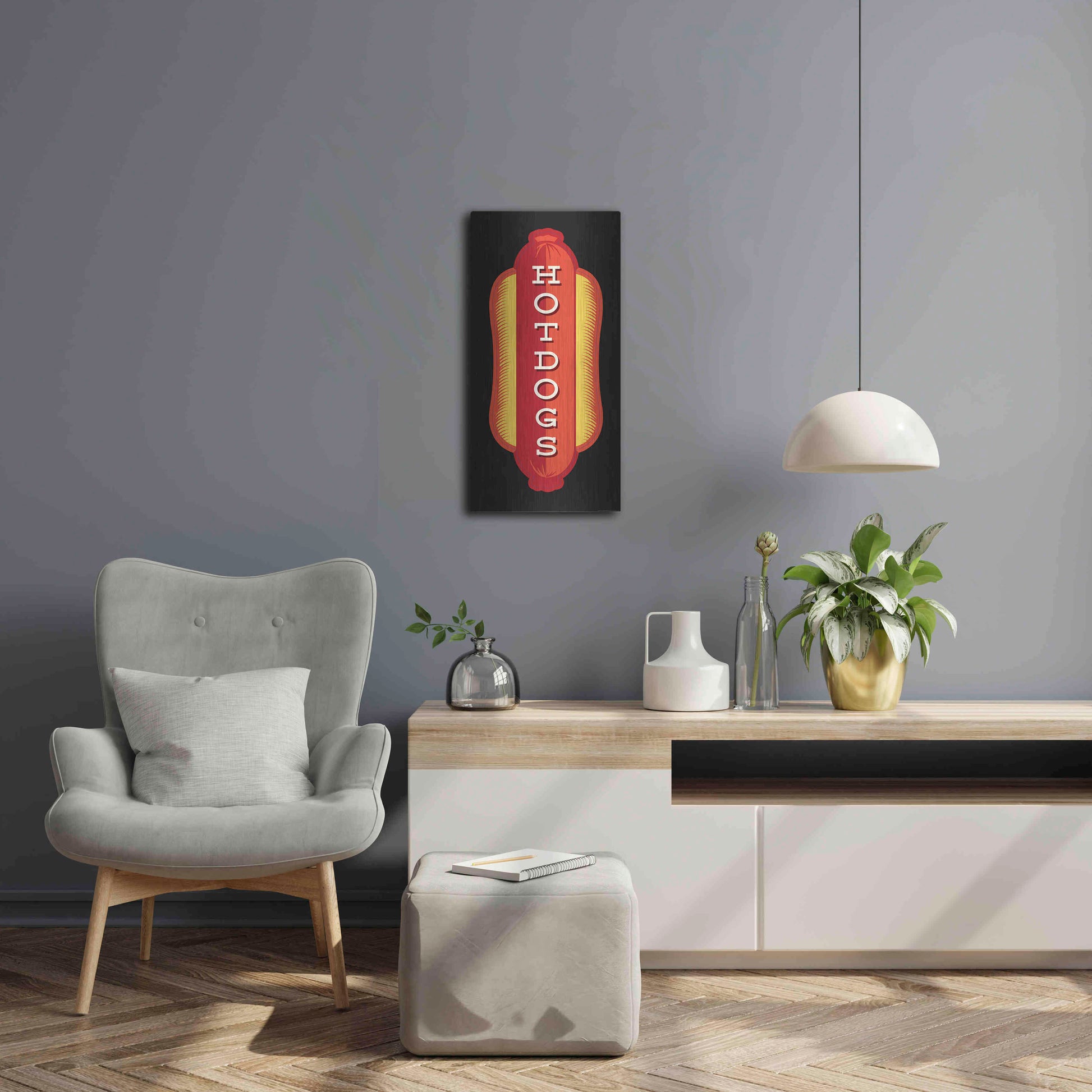 Luxe Metal Art 'Hotdogs In Black' by JJ Brando, Metal Wall Art,12x24