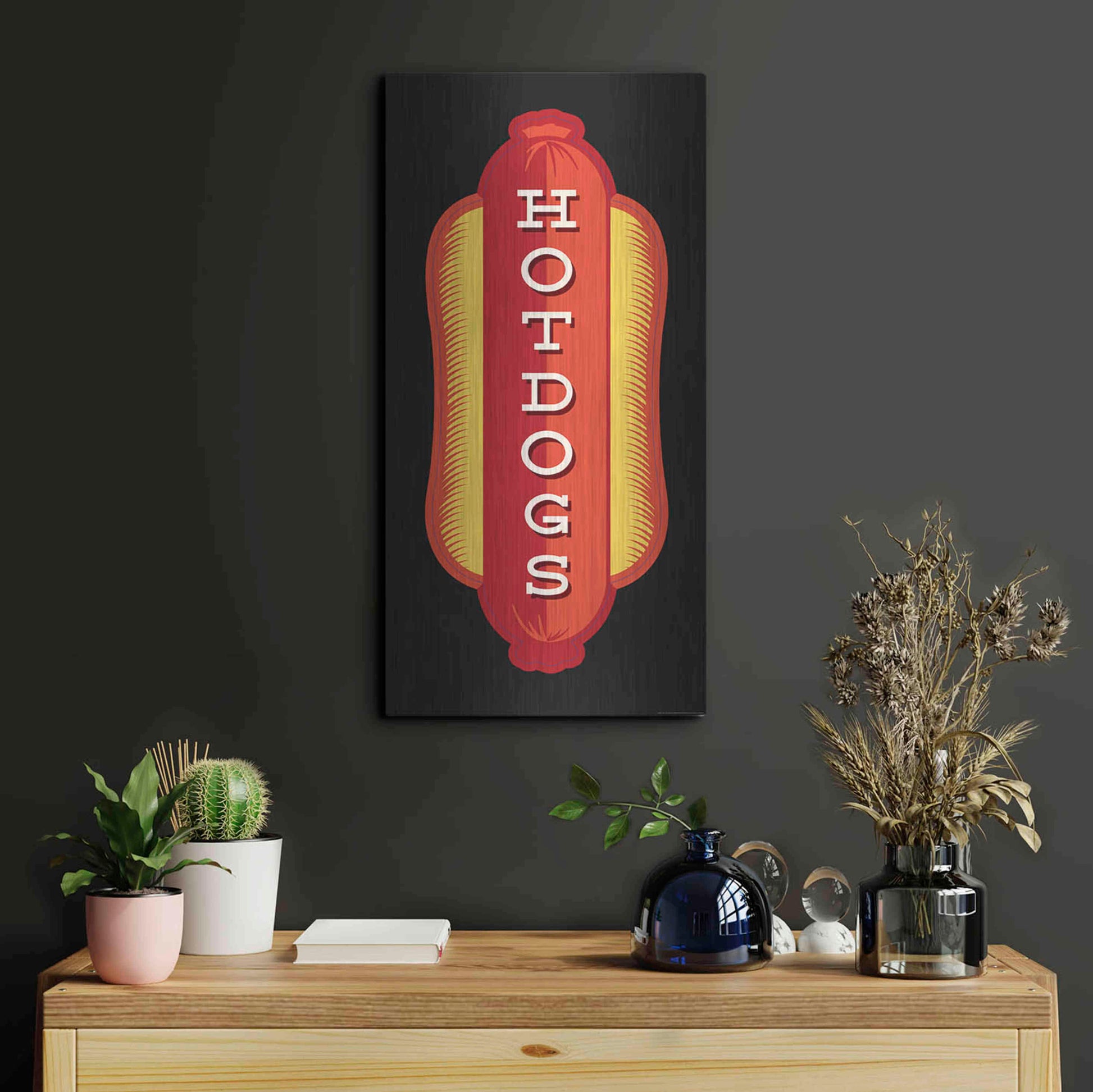 Luxe Metal Art 'Hotdogs In Black' by JJ Brando, Metal Wall Art,12x24