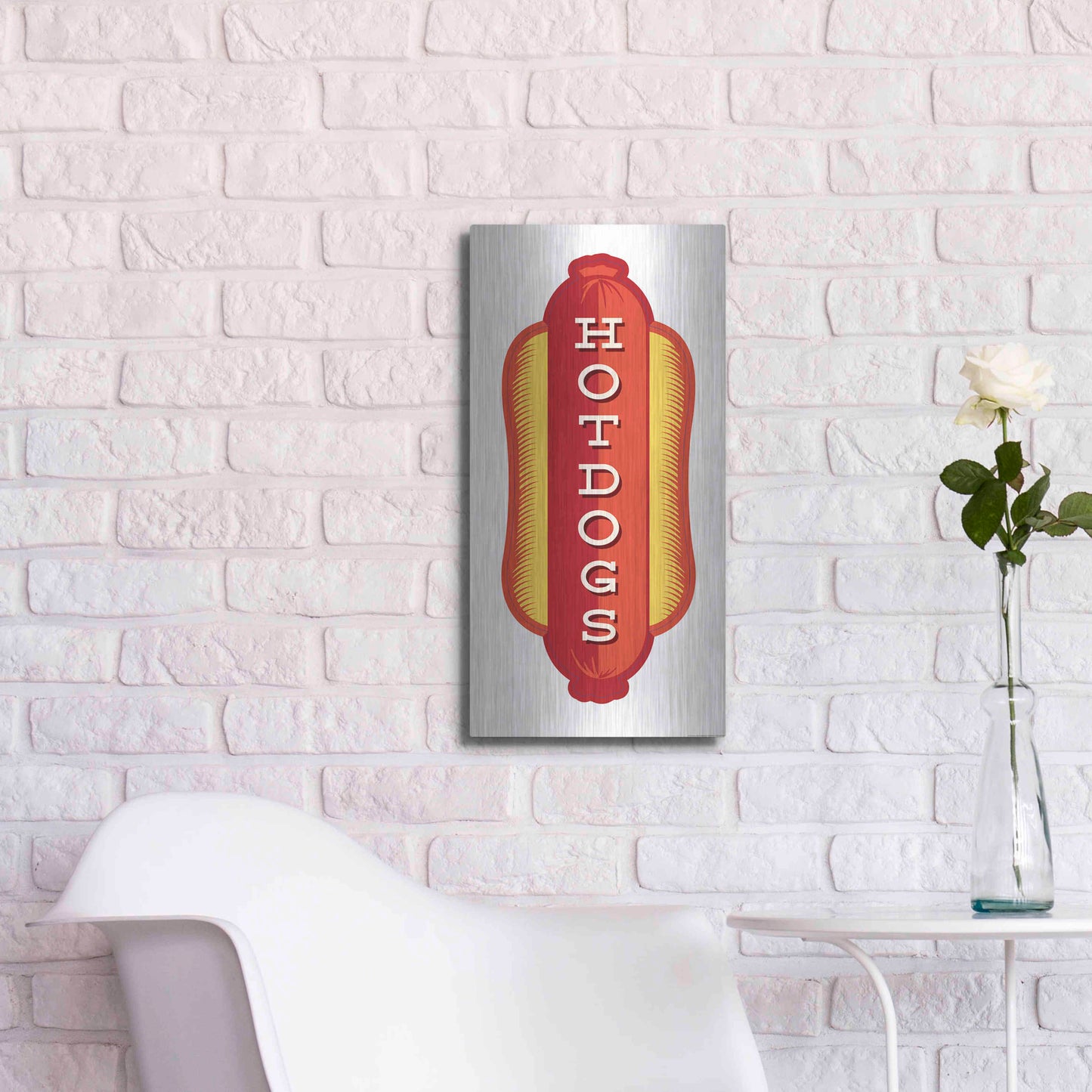 Luxe Metal Art 'Hotdogs In White 2' by JJ Brando, Metal Wall Art,12x24