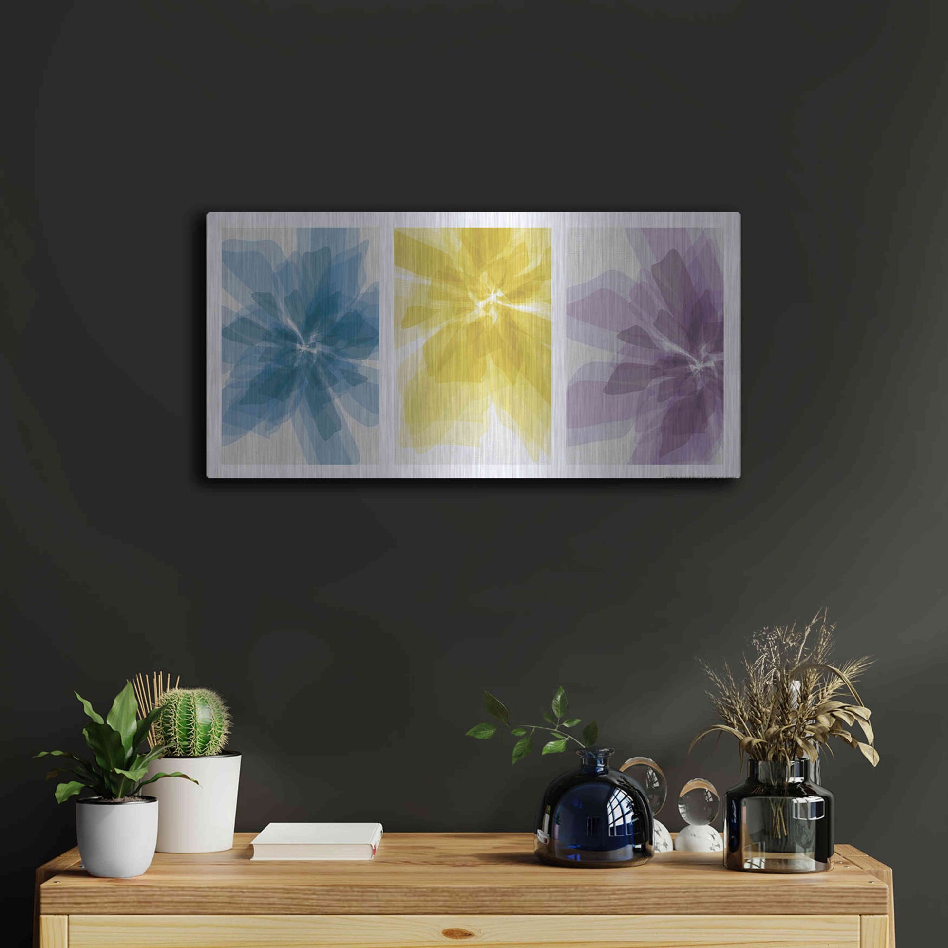 Luxe Metal Art 'Three Xray Flowers' by JJ Brando, Metal Wall Art,24x12