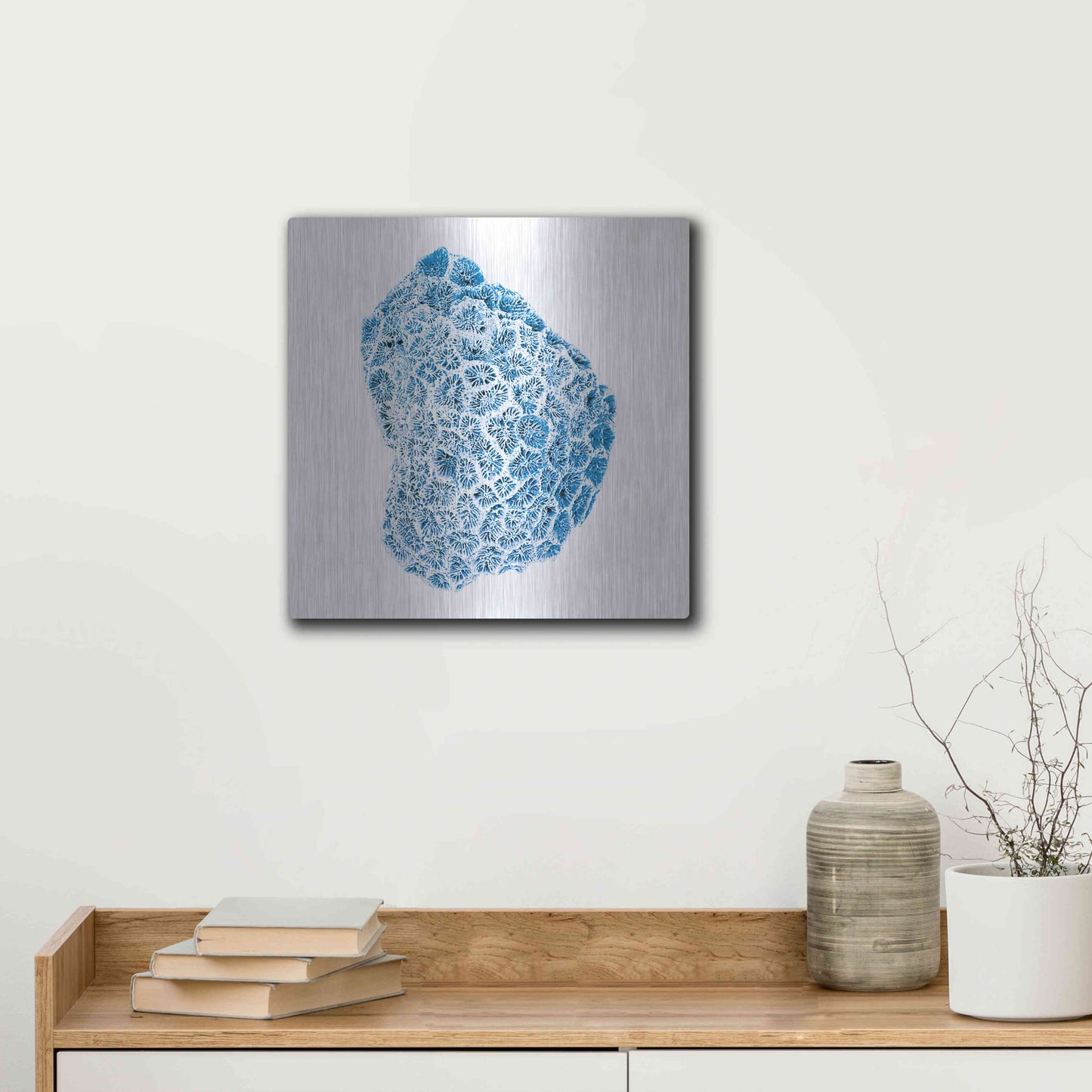 Luxe Metal Art 'Blue Coral' by JJ Brando, Metal Wall Art,12x12