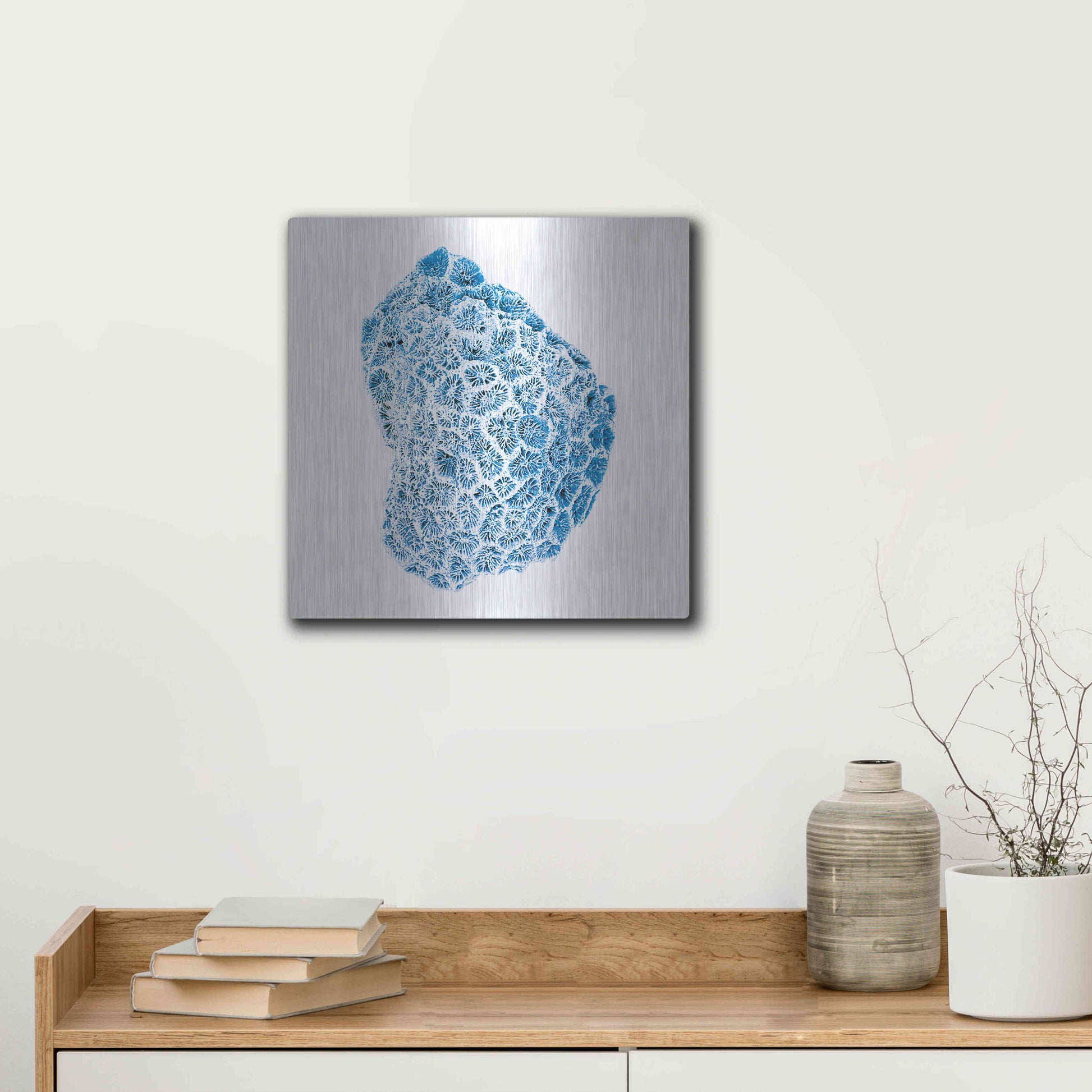 Luxe Metal Art 'Blue Coral' by JJ Brando, Metal Wall Art,12x12