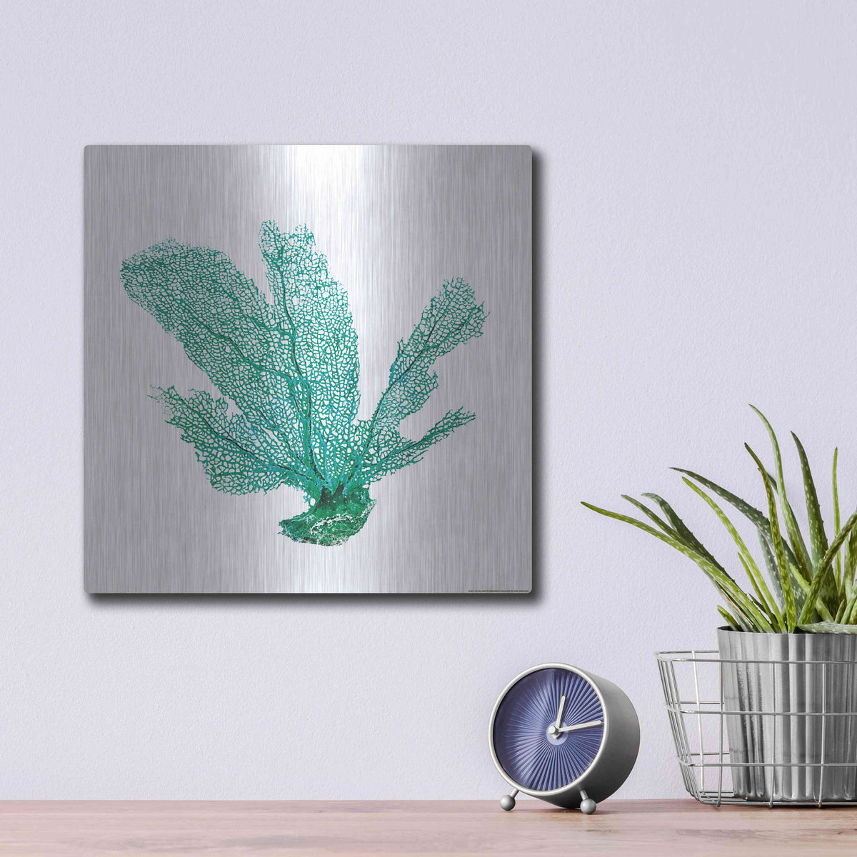 Luxe Metal Art 'Green Sea Fan' by JJ Brando, Metal Wall Art,12x12