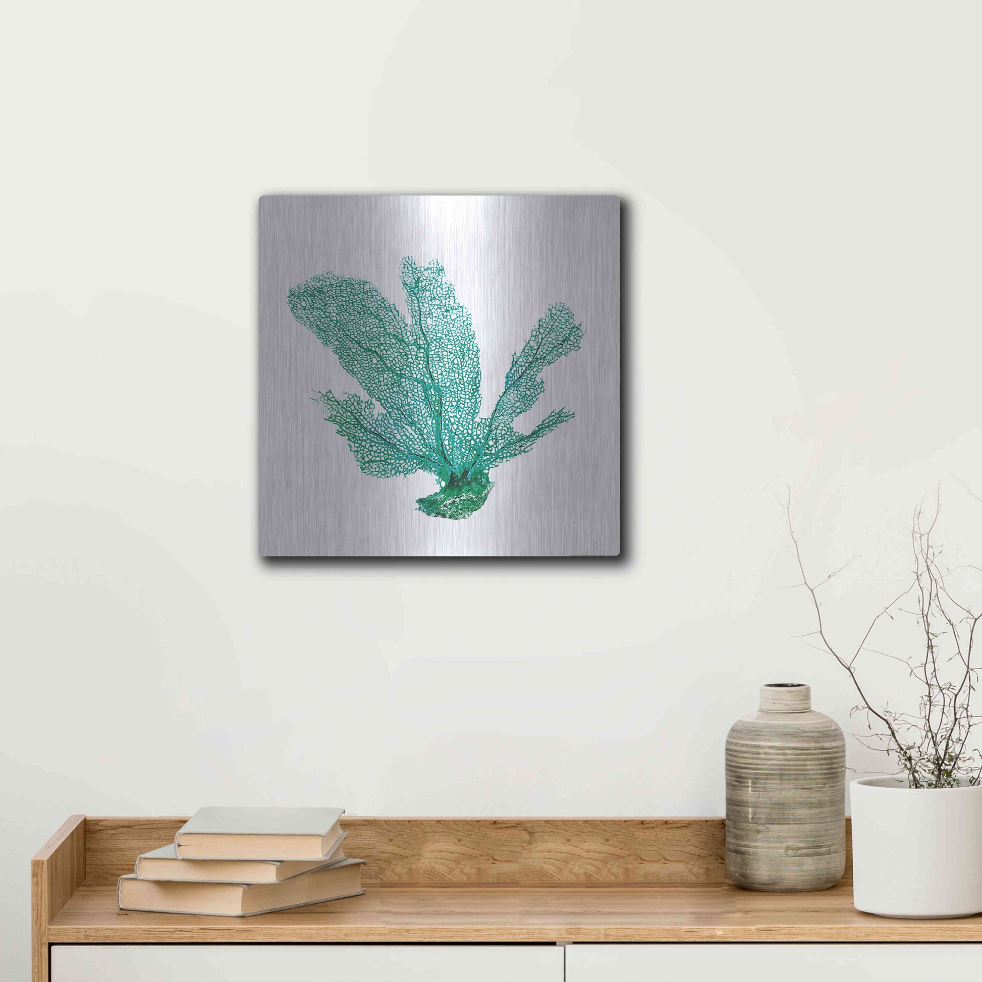 Luxe Metal Art 'Green Sea Fan' by JJ Brando, Metal Wall Art,12x12
