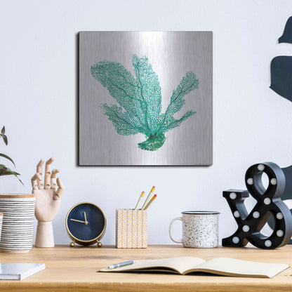 Luxe Metal Art 'Green Sea Fan' by JJ Brando, Metal Wall Art,12x12
