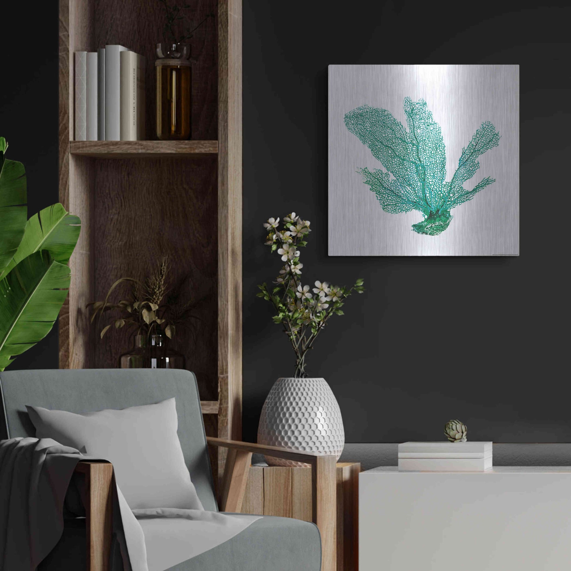 Luxe Metal Art 'Green Sea Fan' by JJ Brando, Metal Wall Art,24x24