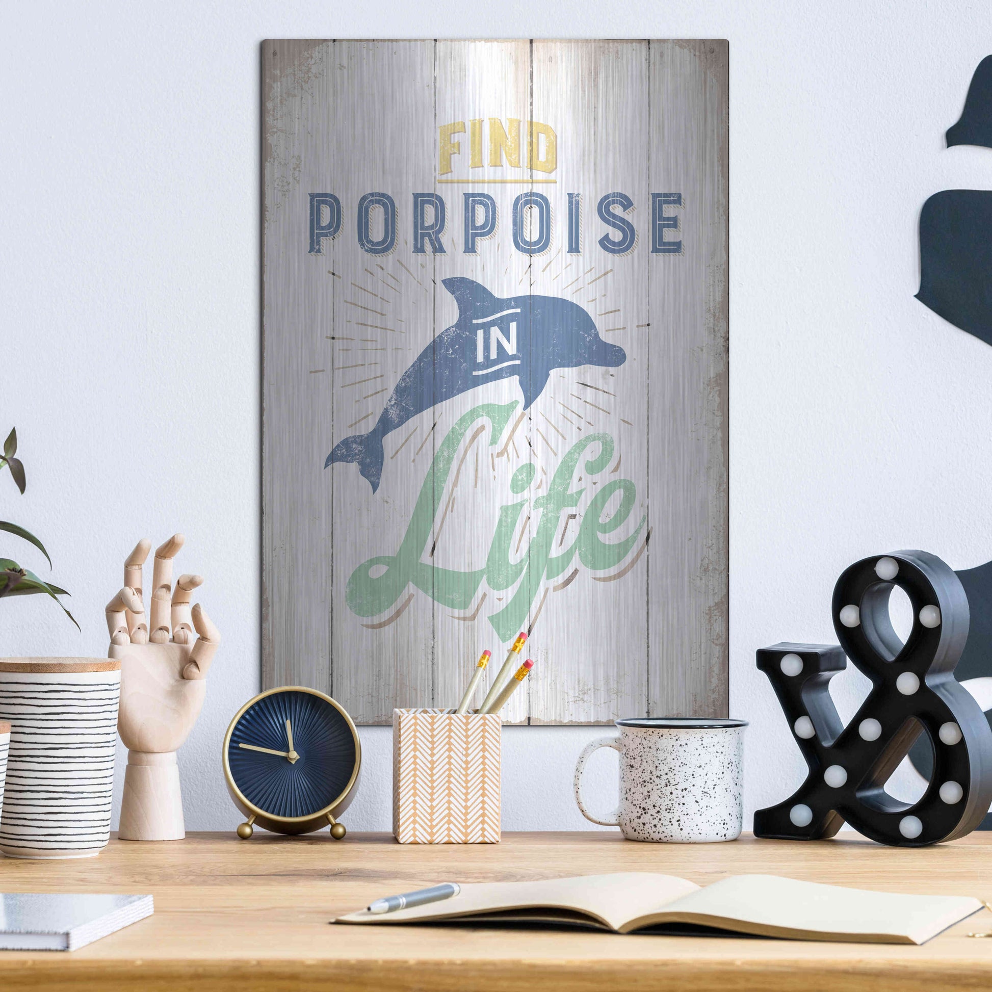 Luxe Metal Art 'Find Porpoise' by JJ Brando, Metal Wall Art,12x16