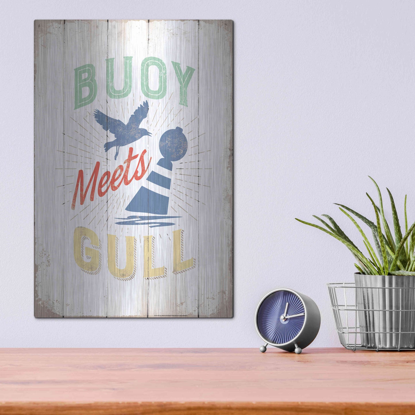 Luxe Metal Art 'Buoy Meets Gull' by JJ Brando, Metal Wall Art,12x16