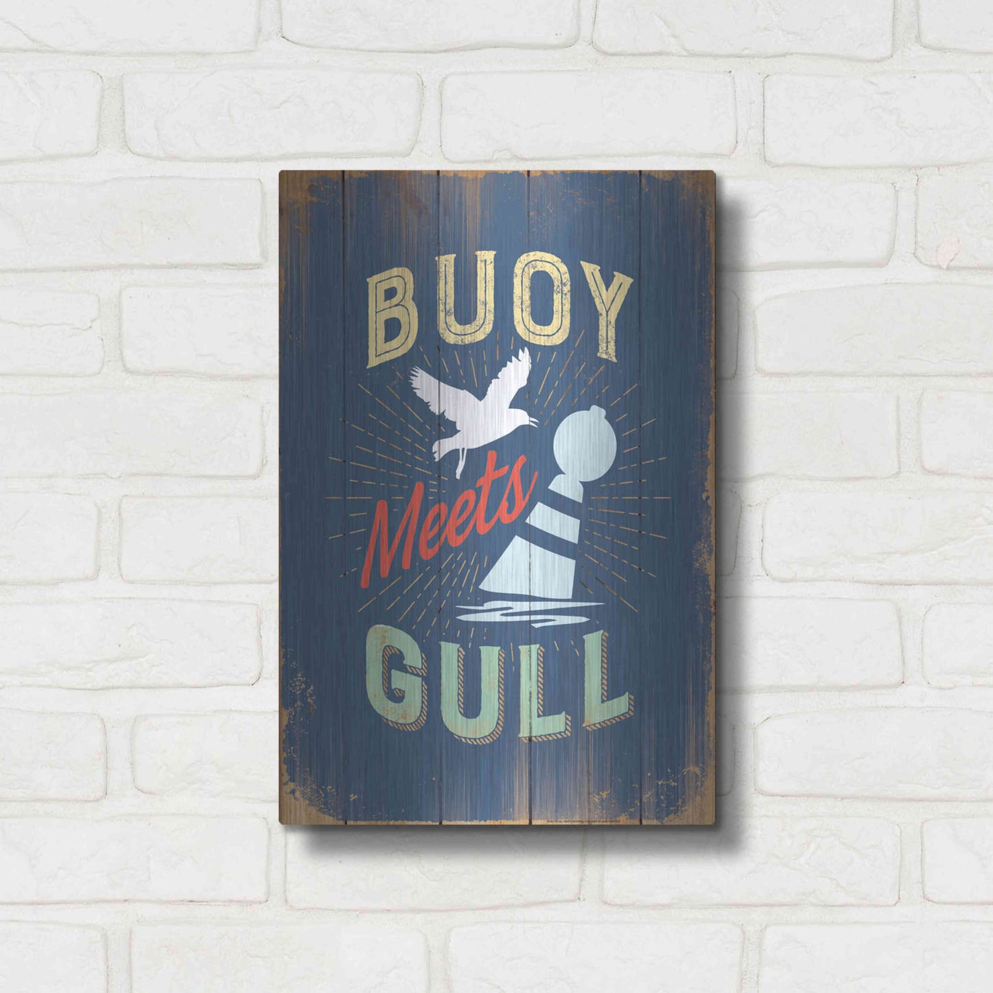 Luxe Metal Art 'Buoy Meets Gull In Blue' by JJ Brando, Metal Wall Art,12x16