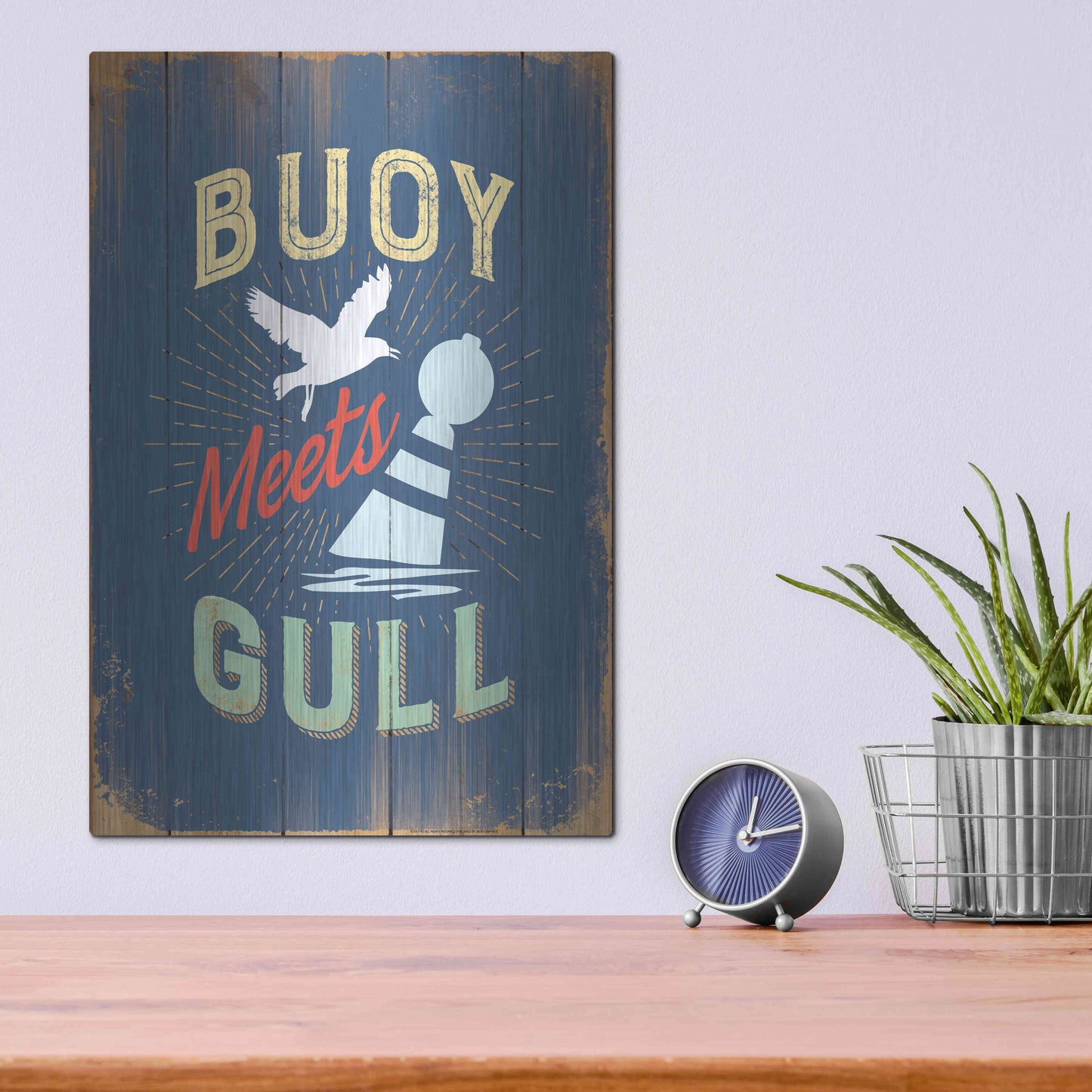 Luxe Metal Art 'Buoy Meets Gull In Blue' by JJ Brando, Metal Wall Art,12x16