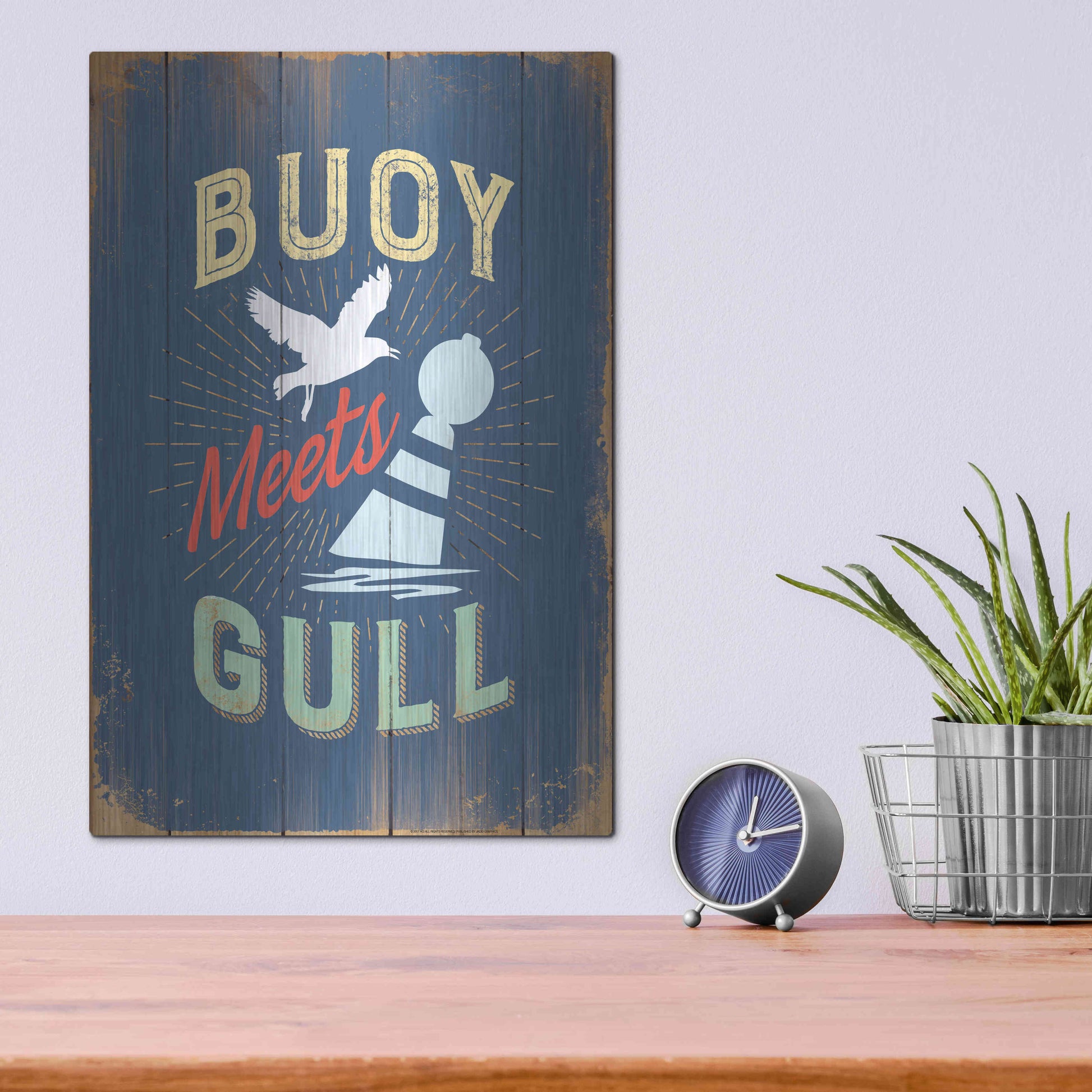Luxe Metal Art 'Buoy Meets Gull In Blue' by JJ Brando, Metal Wall Art,12x16