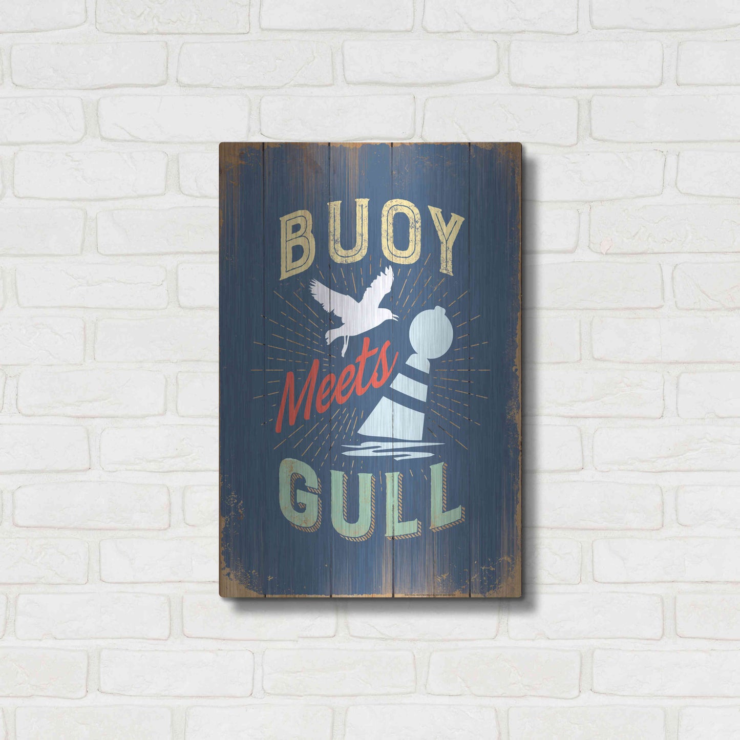 Luxe Metal Art 'Buoy Meets Gull In Blue' by JJ Brando, Metal Wall Art,16x24