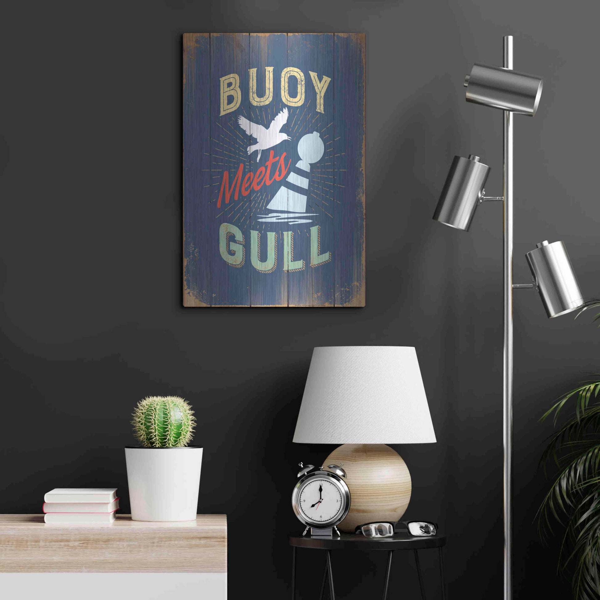 Luxe Metal Art 'Buoy Meets Gull In Blue' by JJ Brando, Metal Wall Art,16x24