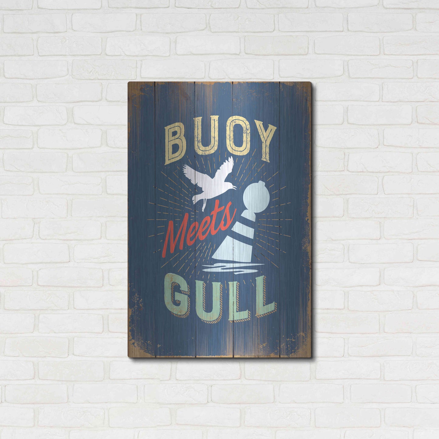 Luxe Metal Art 'Buoy Meets Gull In Blue' by JJ Brando, Metal Wall Art,24x36