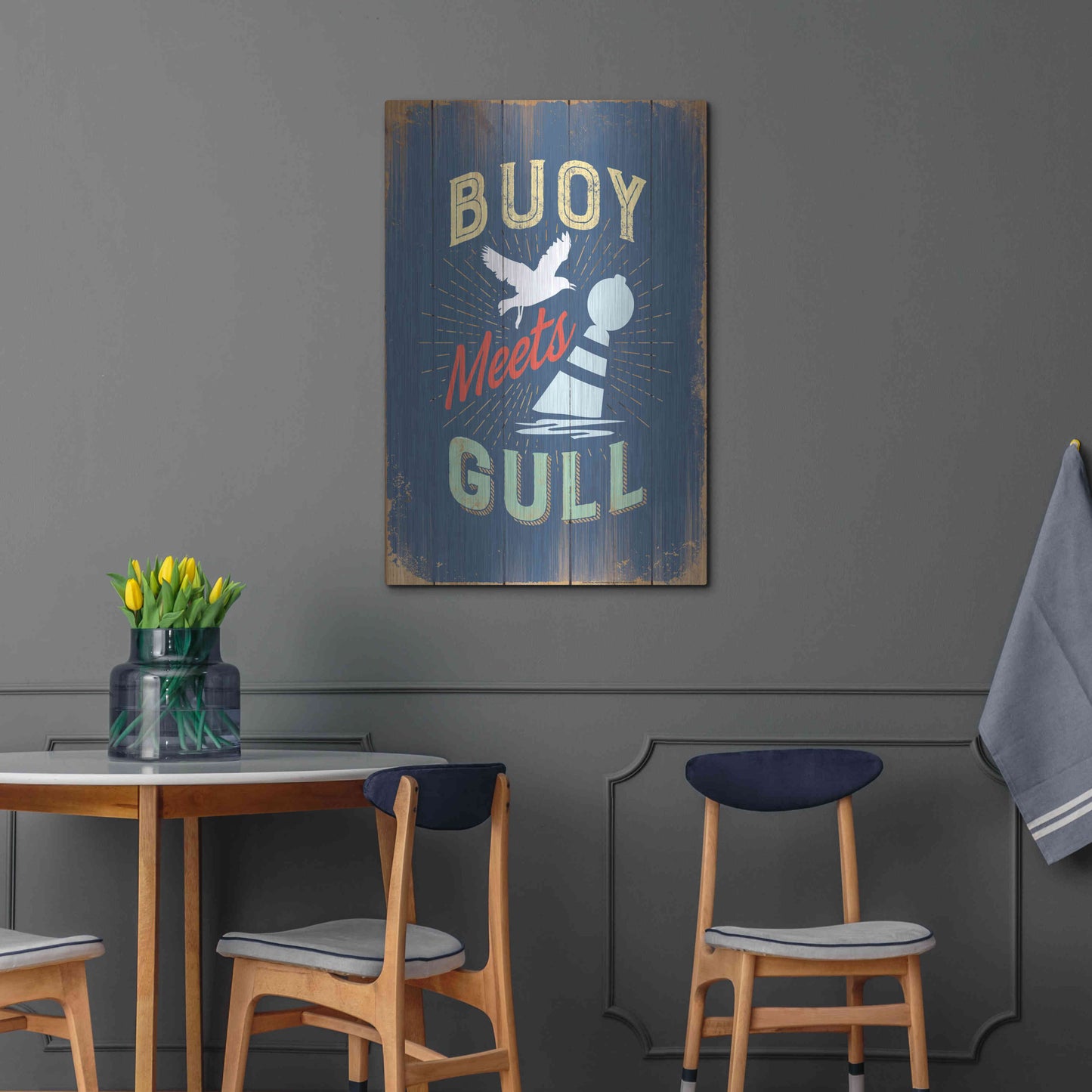 Luxe Metal Art 'Buoy Meets Gull In Blue' by JJ Brando, Metal Wall Art,24x36