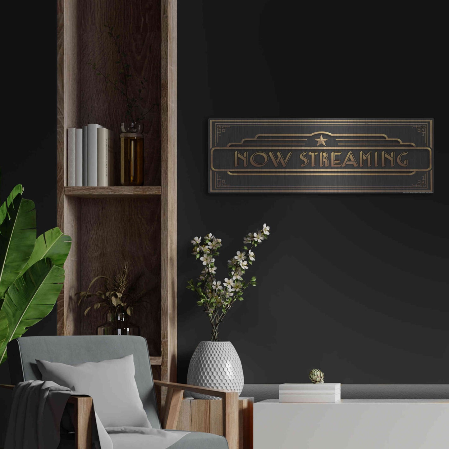 Luxe Metal Art 'Now Streaming' by JJ Brando, Metal Wall Art,36x12