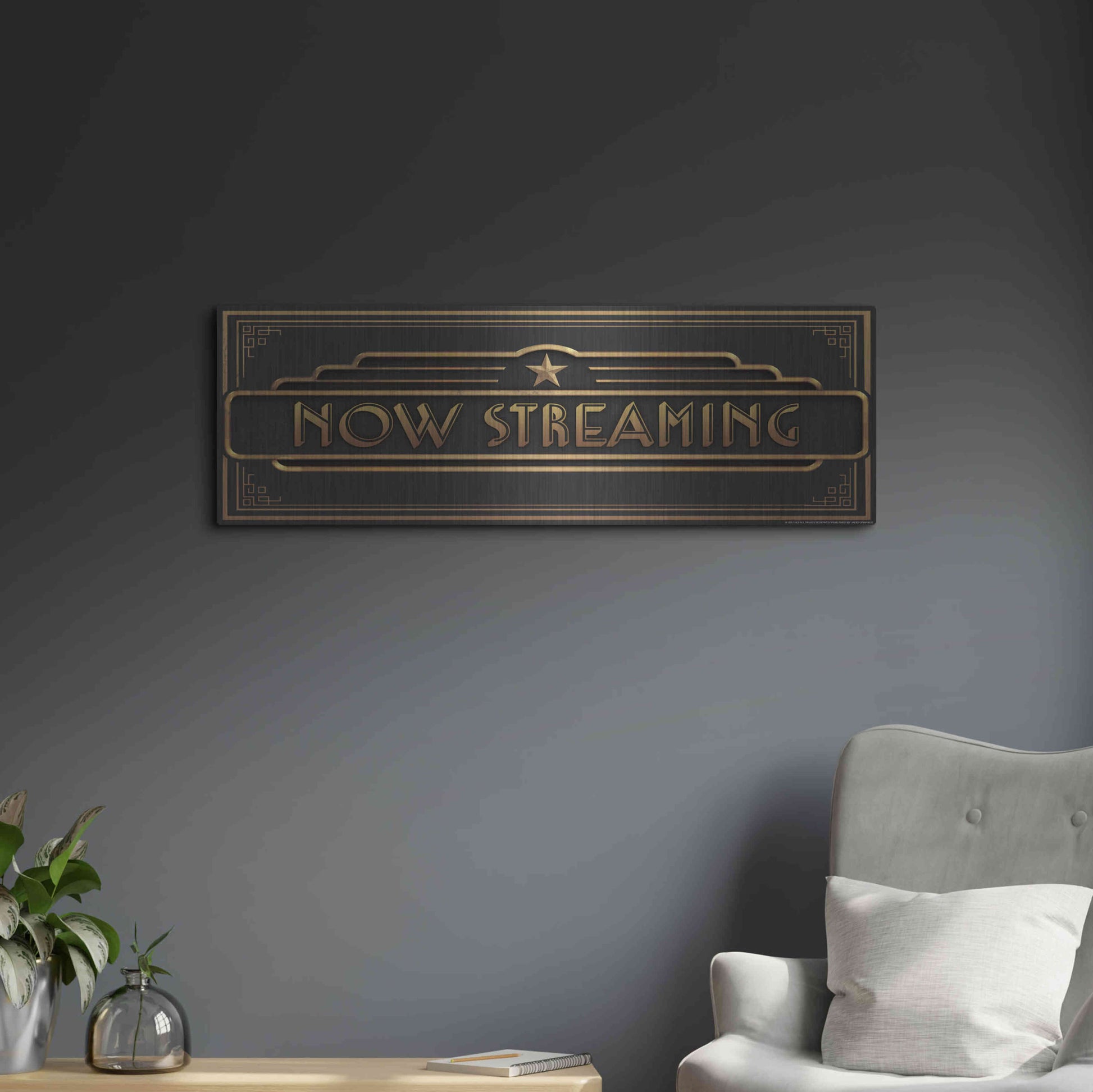 Luxe Metal Art 'Now Streaming' by JJ Brando, Metal Wall Art,36x12