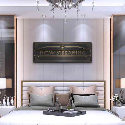 Luxe Metal Art 'Now Streaming' by JJ Brando, Metal Wall Art,48x16