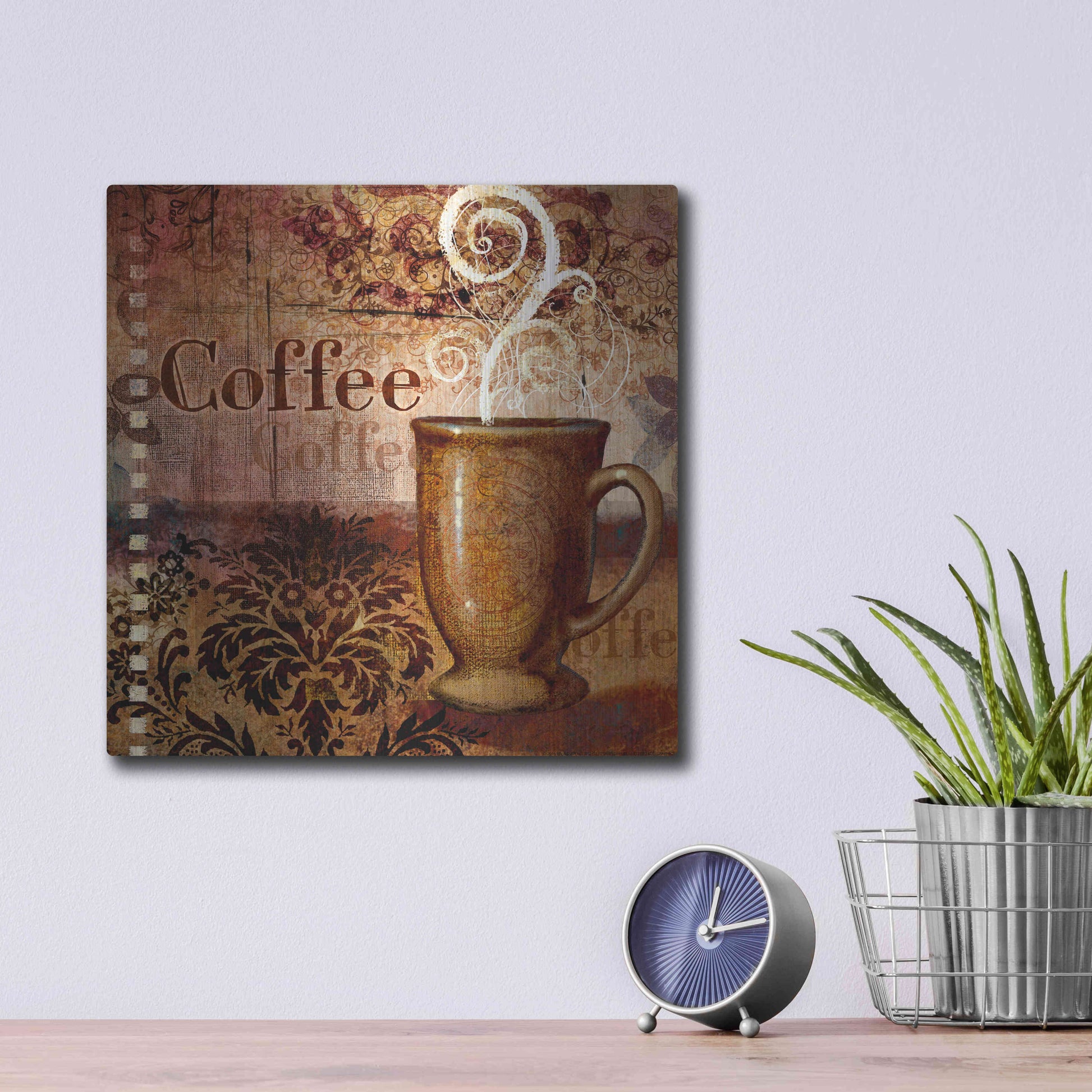 Luxe Metal Art 'Coffee 4 Coffee' by Viv Eisner, Metal Wall Art,12x12