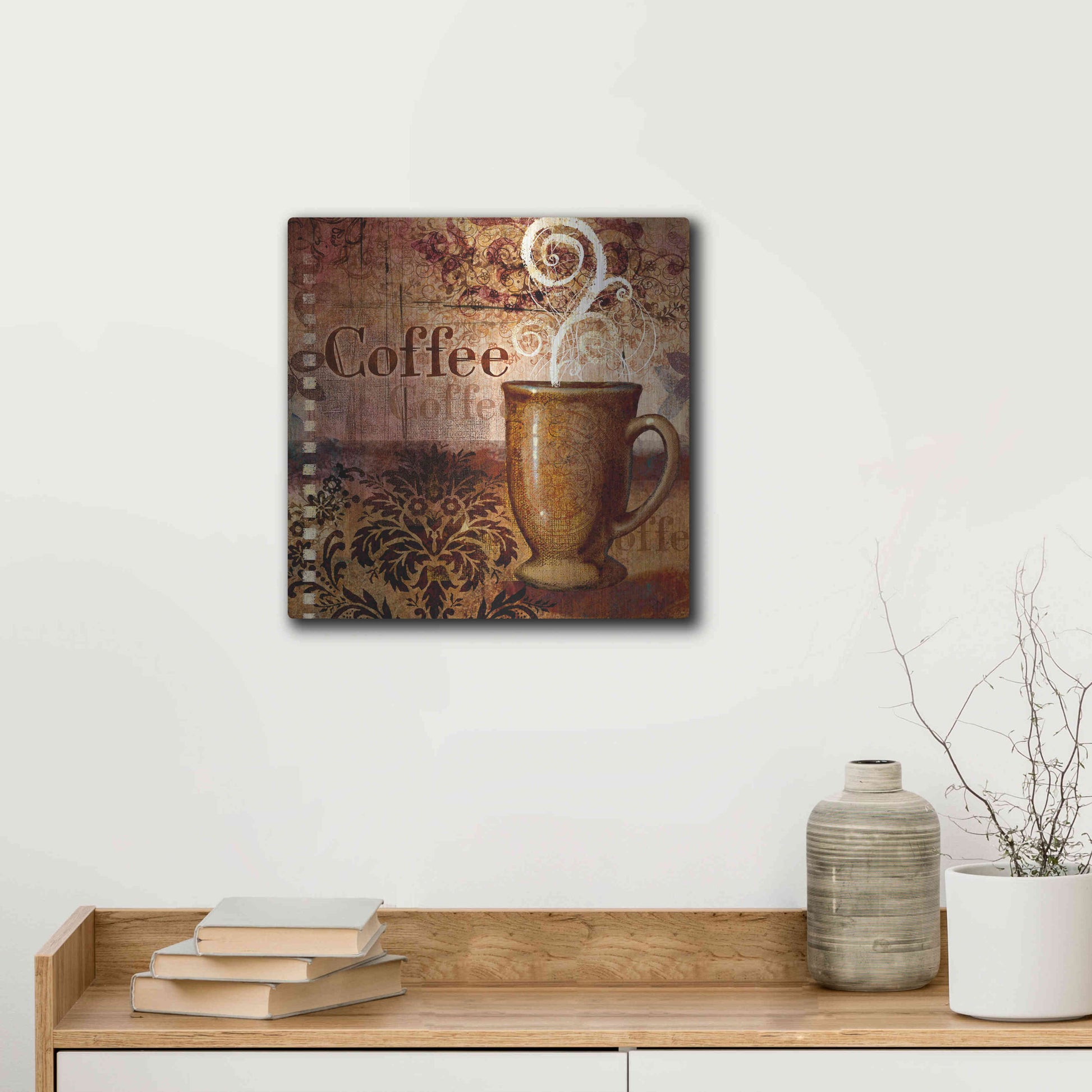 Luxe Metal Art 'Coffee 4 Coffee' by Viv Eisner, Metal Wall Art,12x12