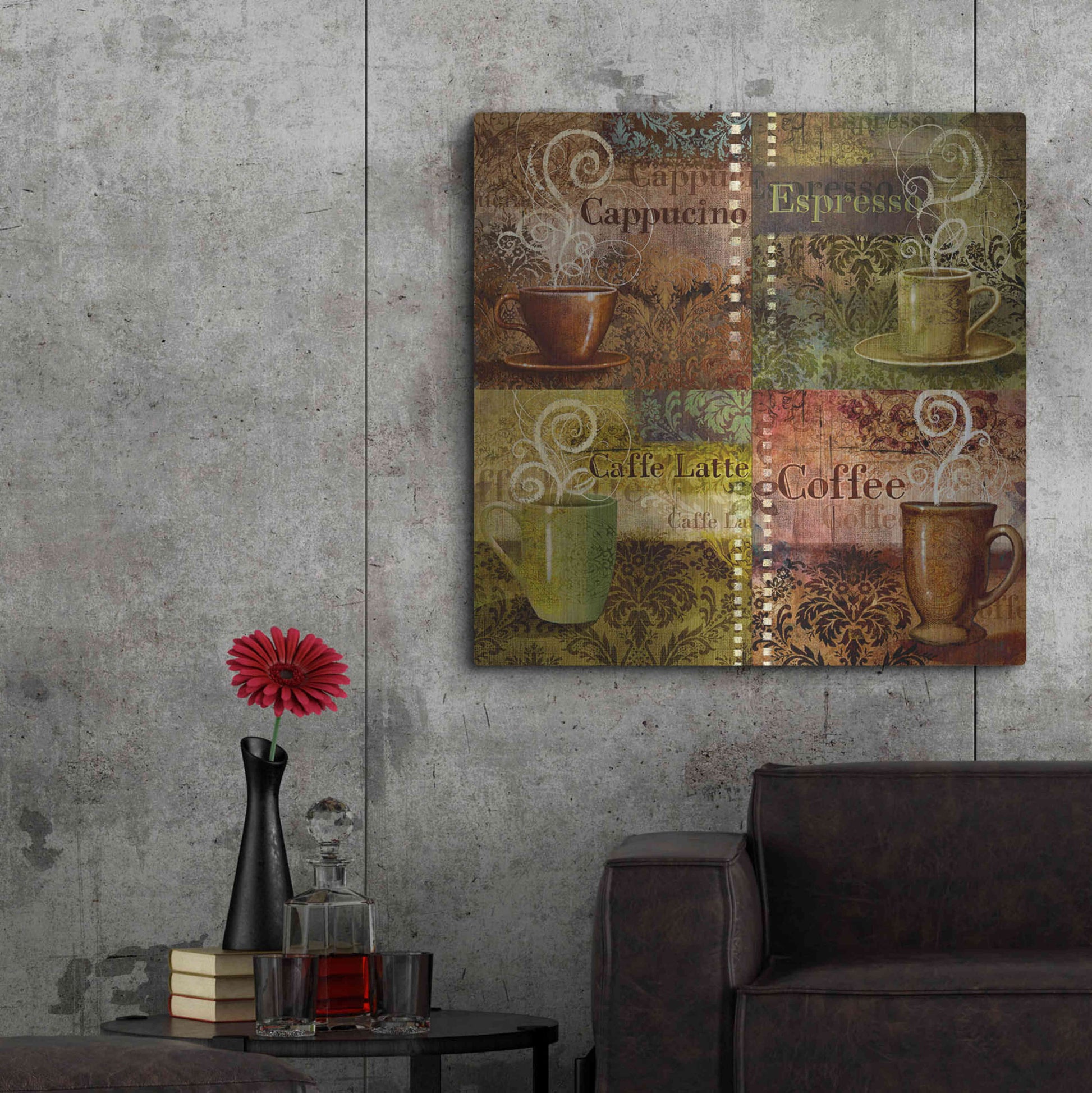 Luxe Metal Art 'Coffee 5 Four Coffees' by Viv Eisner, Metal Wall Art,36x36