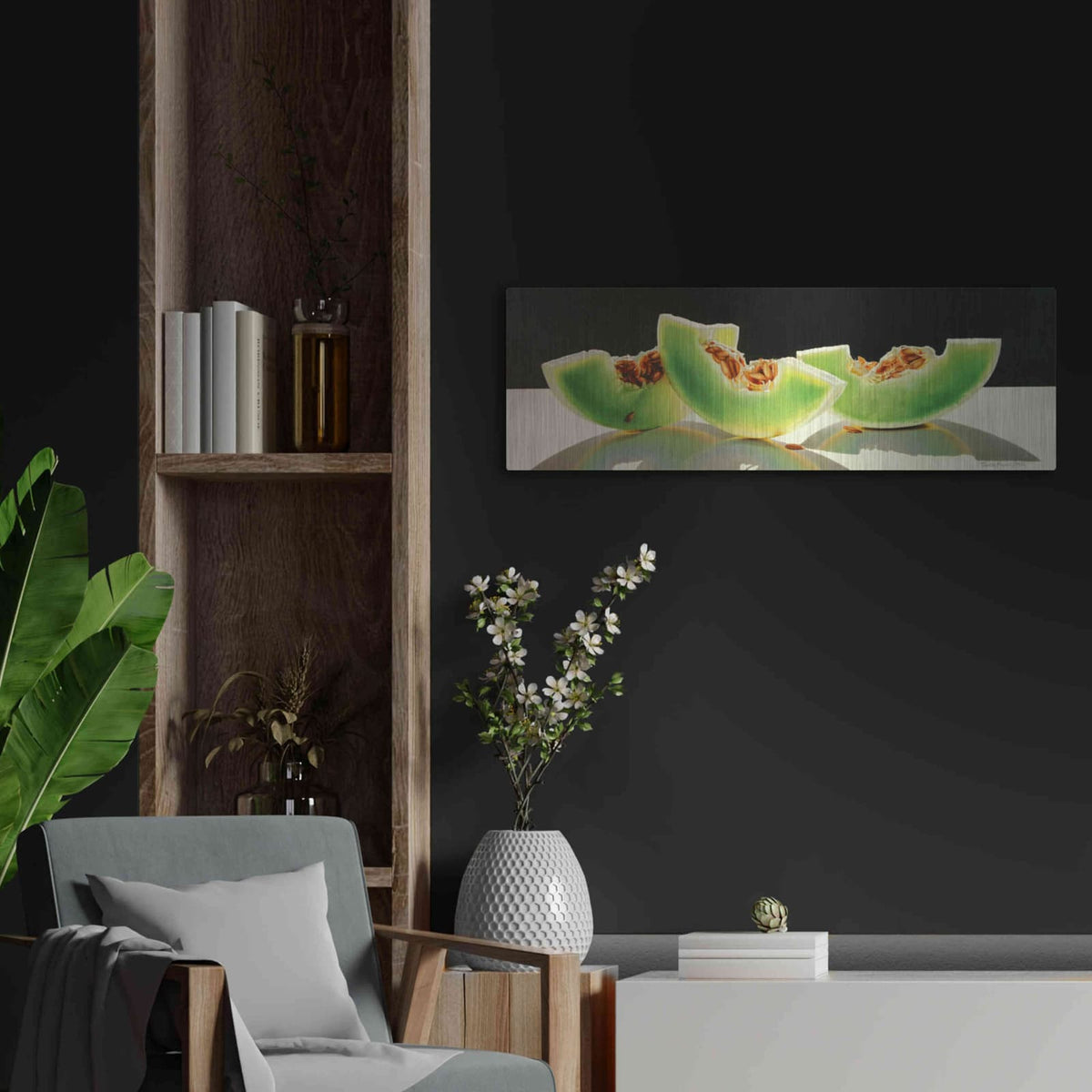 'Honeydew Rainbows' by Cecile Baird – Metal Wall Art, 36x12 room view