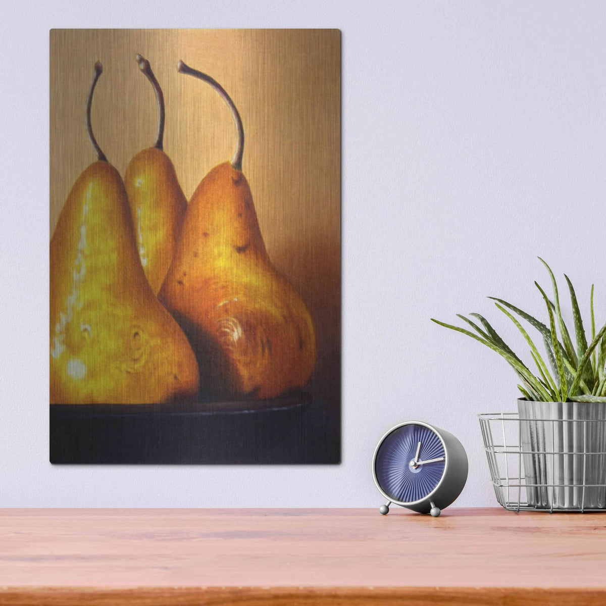 'Three Pears on Stonehenge' by Cecile Baird – Metal Wall Art, 12x16 room view