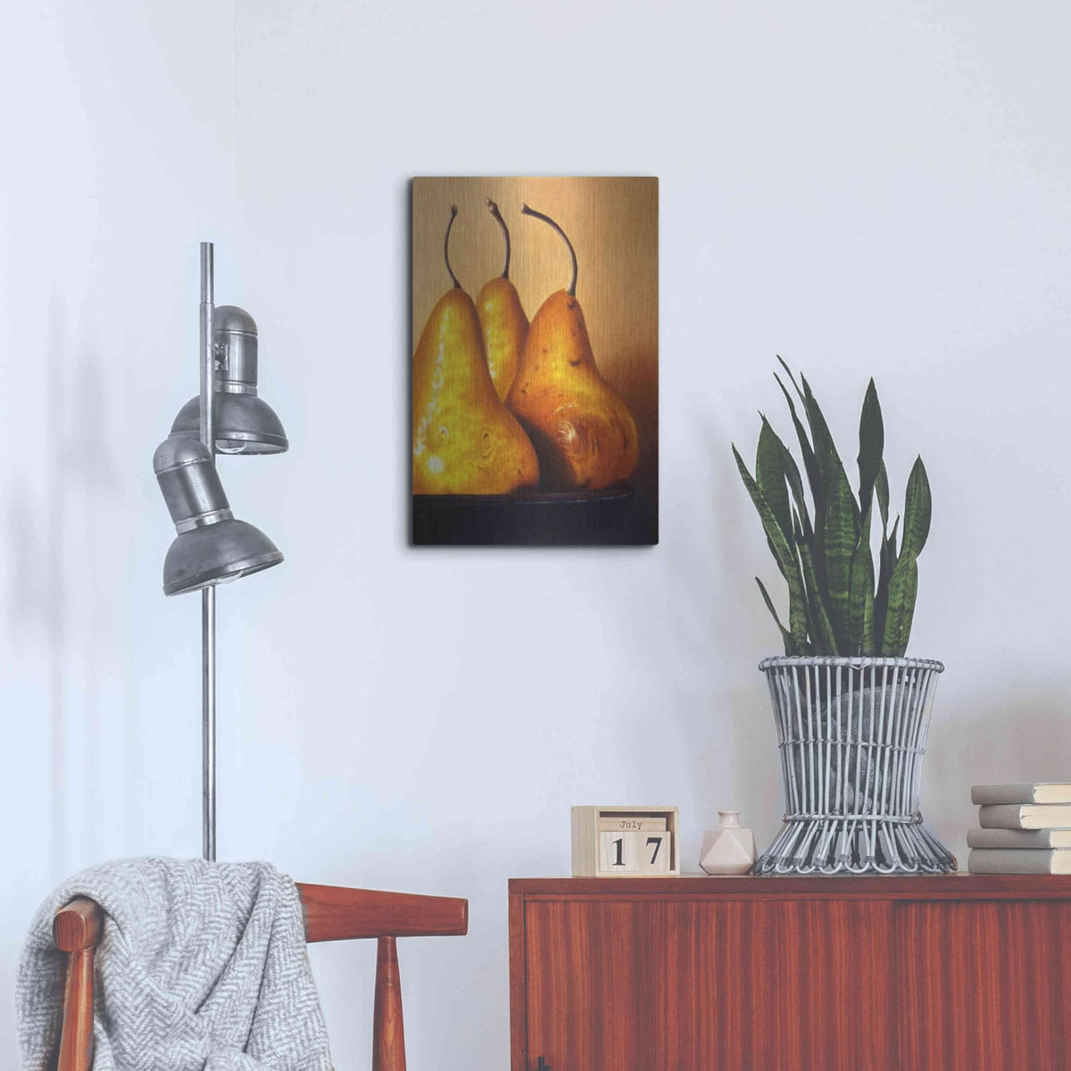 'Three Pears on Stonehenge' by Cecile Baird – Metal Wall Art, 16x24 room view