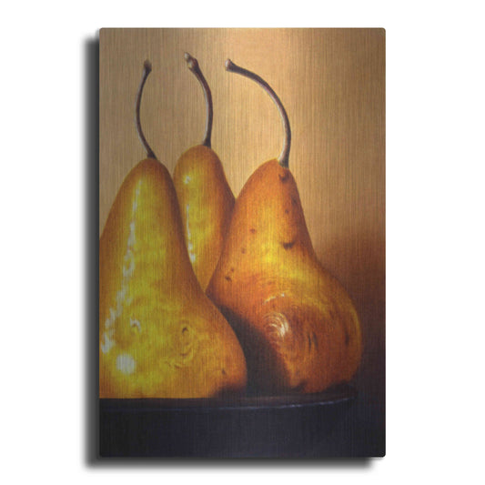 Luxe Metal Art 'Three Pears on Stonehenge' by Cecile Baird, Metal Wall Art