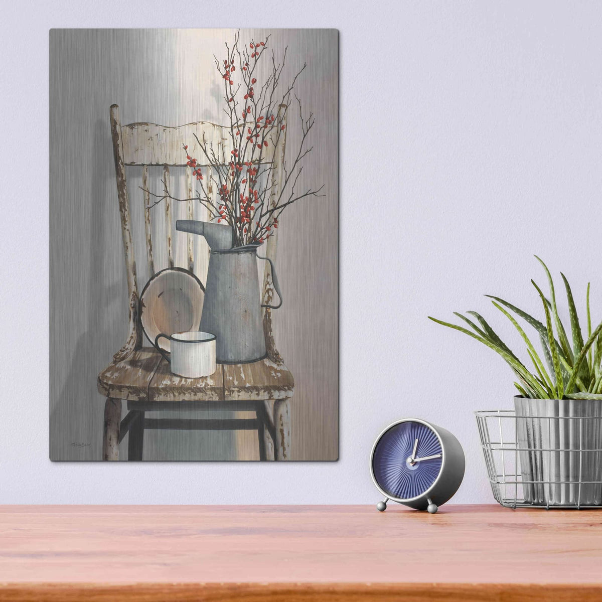 'Watering Can On Chair' by Cecile Baird – Metal Wall Art, 12x16 room view