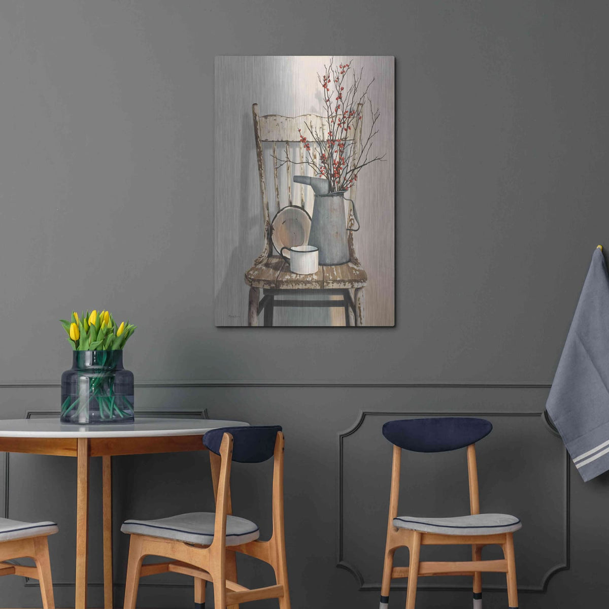 'Watering Can On Chair' by Cecile Baird – Metal Wall Art, 24x36 room view
