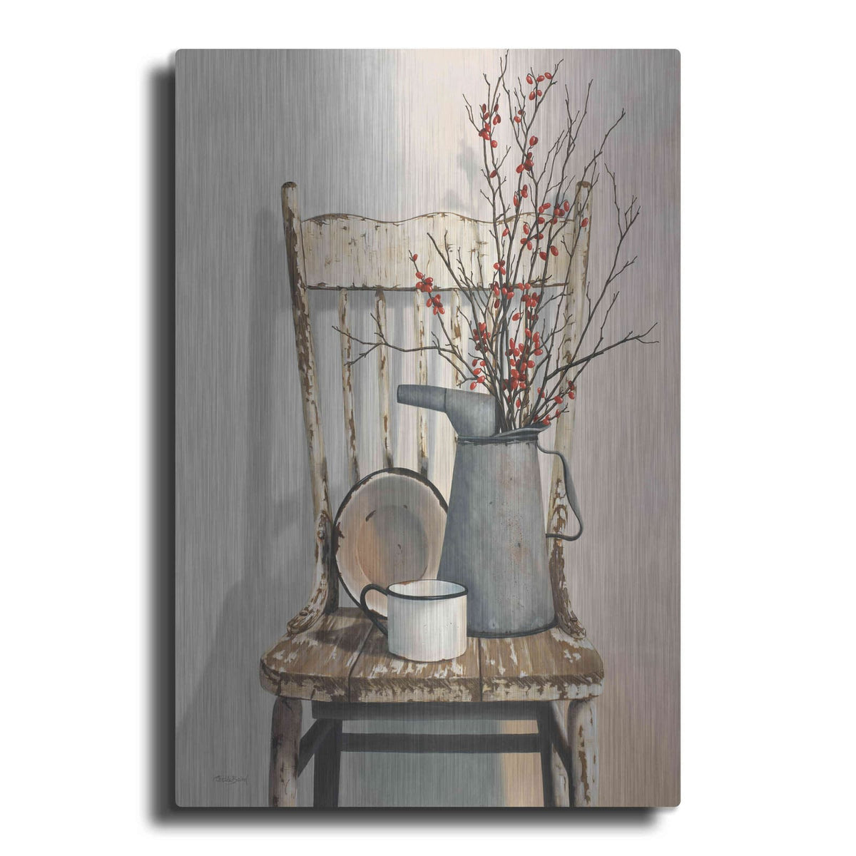 'Watering Can On Chair' by Cecile Baird – Metal Wall Art