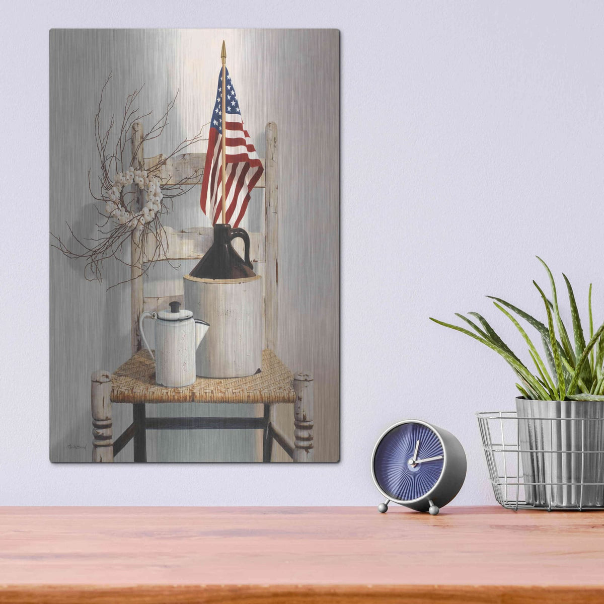 'Chair With Jug And Flag' by Cecile Baird – Metal Wall Art, 12x16 room view