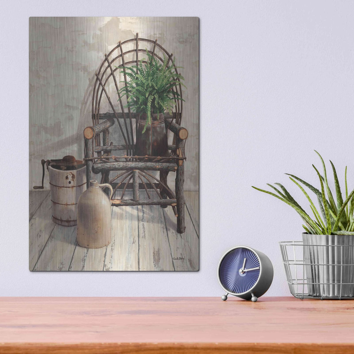'Wicker Chair With Ice Cream Churn' by Cecile Baird – Metal Wall Art, 12x16 room view
