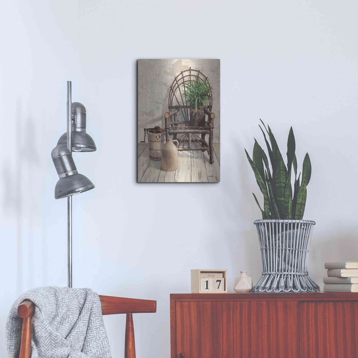 'Wicker Chair With Ice Cream Churn' by Cecile Baird – Metal Wall Art, 16x24 room view