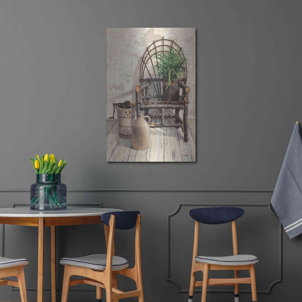 'Wicker Chair With Ice Cream Churn' by Cecile Baird – Metal Wall Art, 24x36 room view