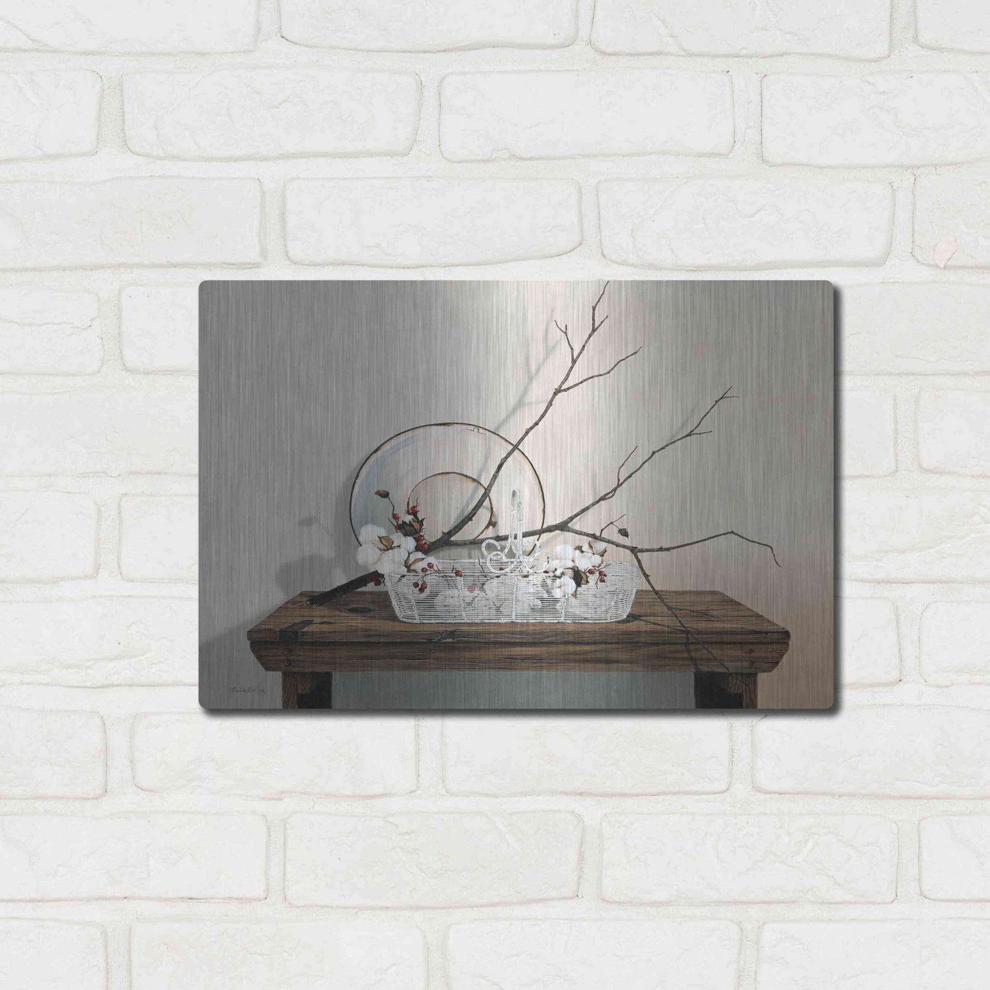 Luxe Metal Art 'Wire Basket With Cotton' by Cecile Baird, Metal Wall Art,16x12