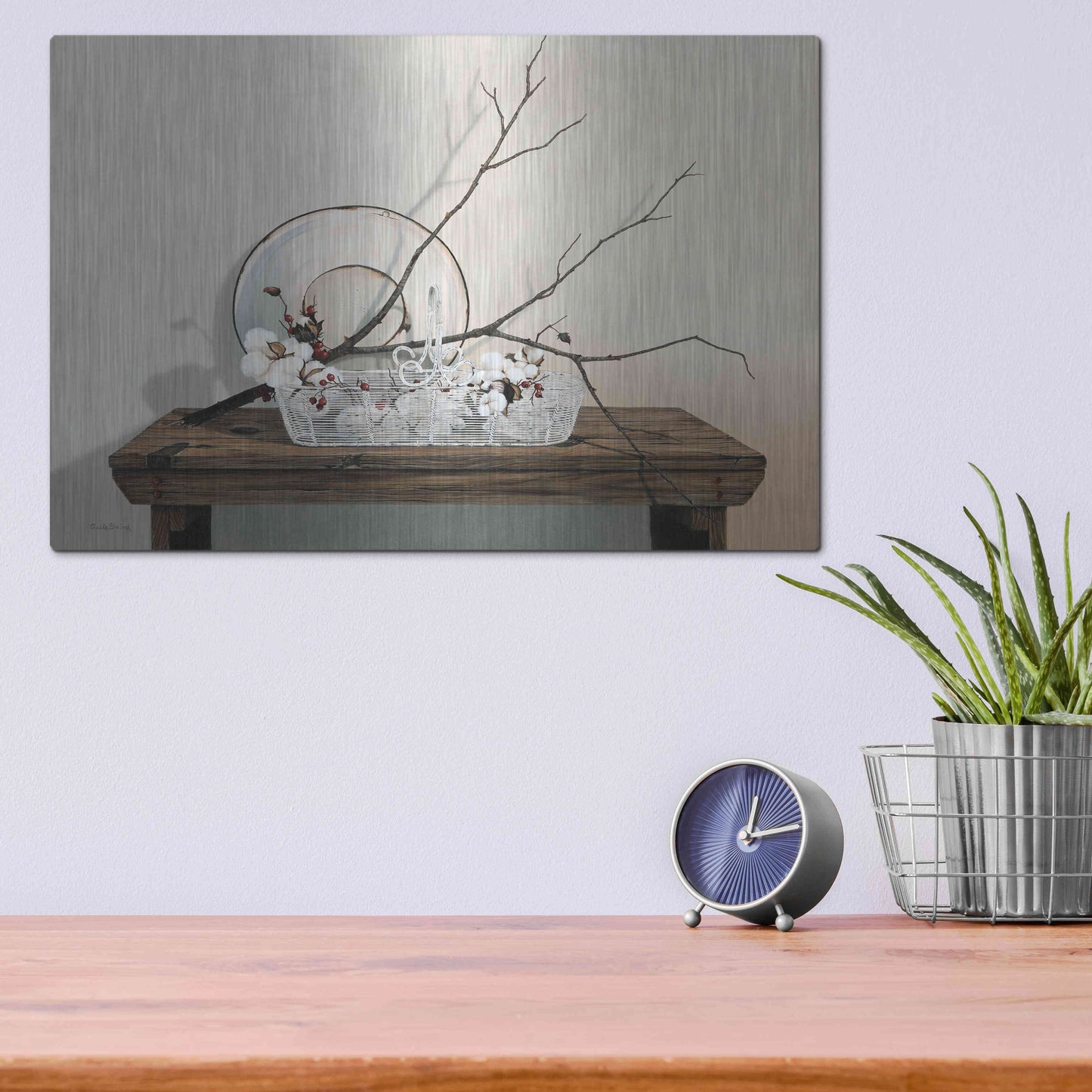 Luxe Metal Art 'Wire Basket With Cotton' by Cecile Baird, Metal Wall Art,16x12