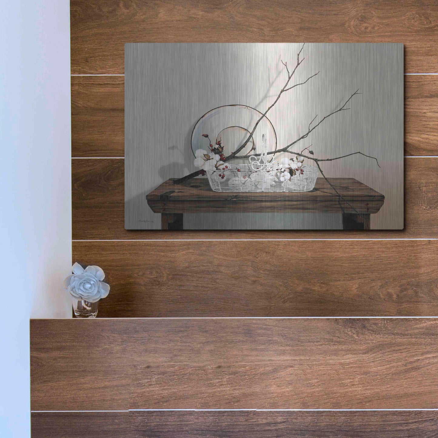 Luxe Metal Art 'Wire Basket With Cotton' by Cecile Baird, Metal Wall Art,16x12