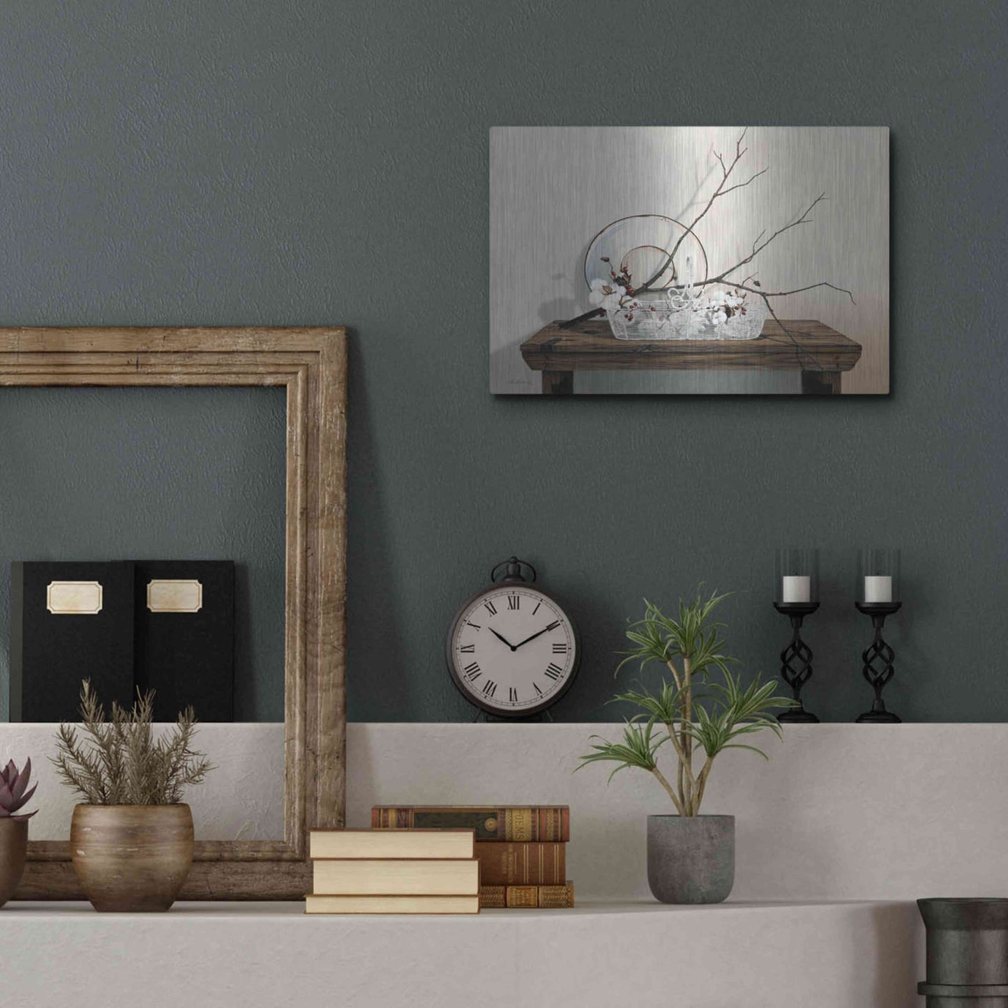 Luxe Metal Art 'Wire Basket With Cotton' by Cecile Baird, Metal Wall Art,16x12