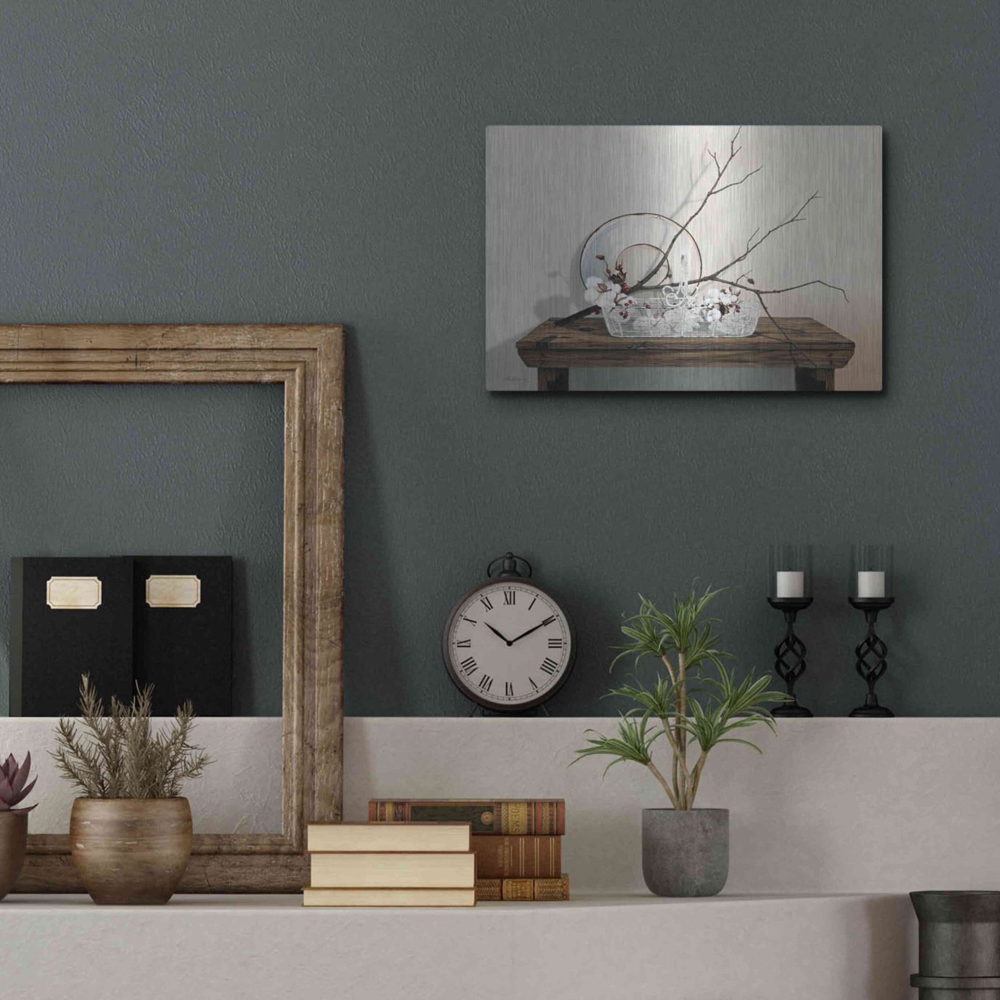 Luxe Metal Art 'Wire Basket With Cotton' by Cecile Baird, Metal Wall Art,16x12