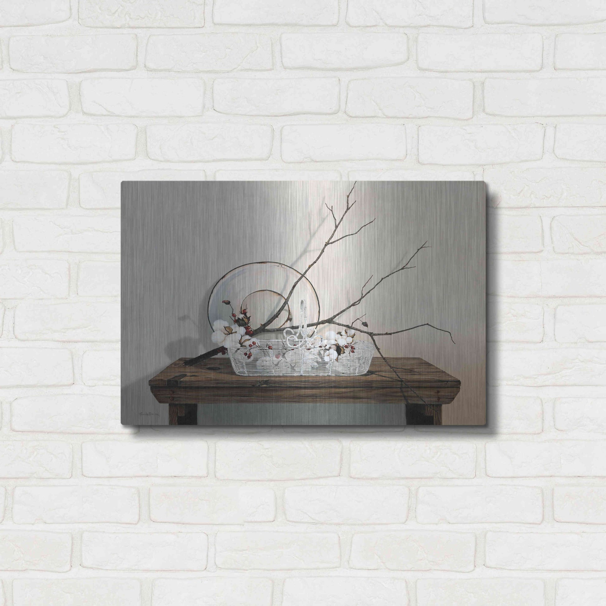 Luxe Metal Art 'Wire Basket With Cotton' by Cecile Baird, Metal Wall Art,24x16