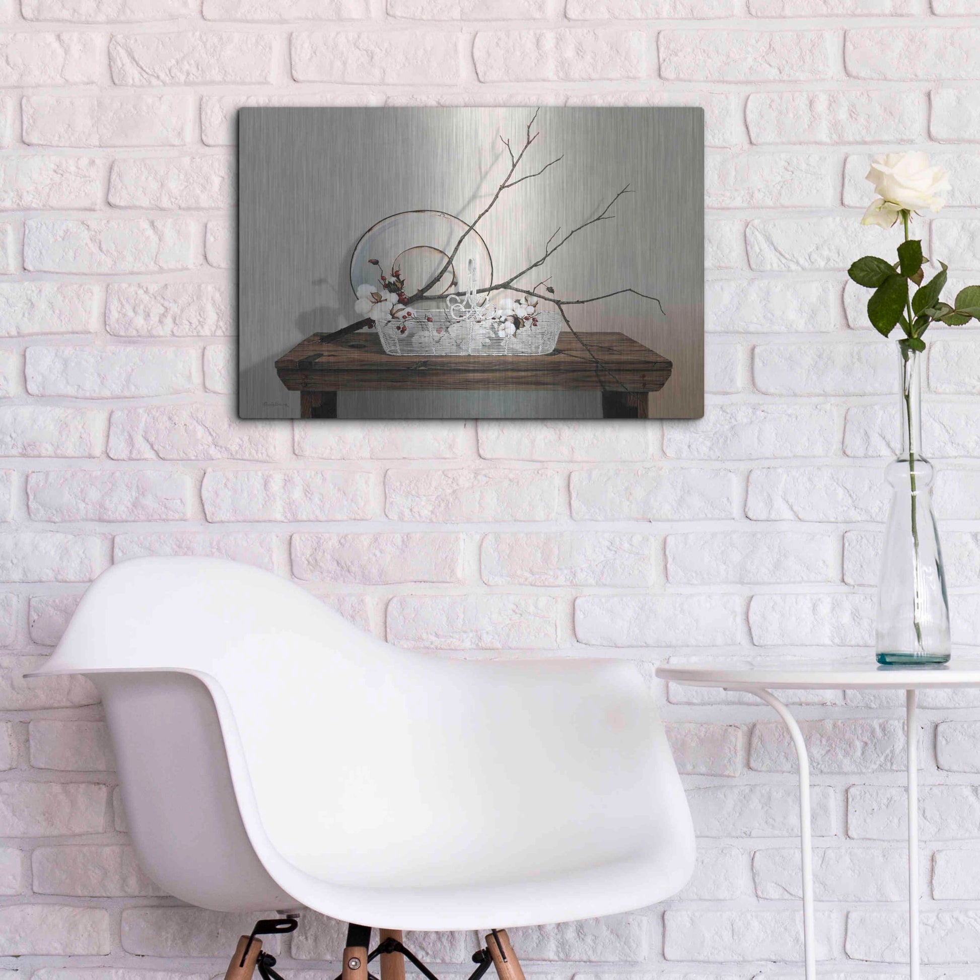 Luxe Metal Art 'Wire Basket With Cotton' by Cecile Baird, Metal Wall Art,24x16