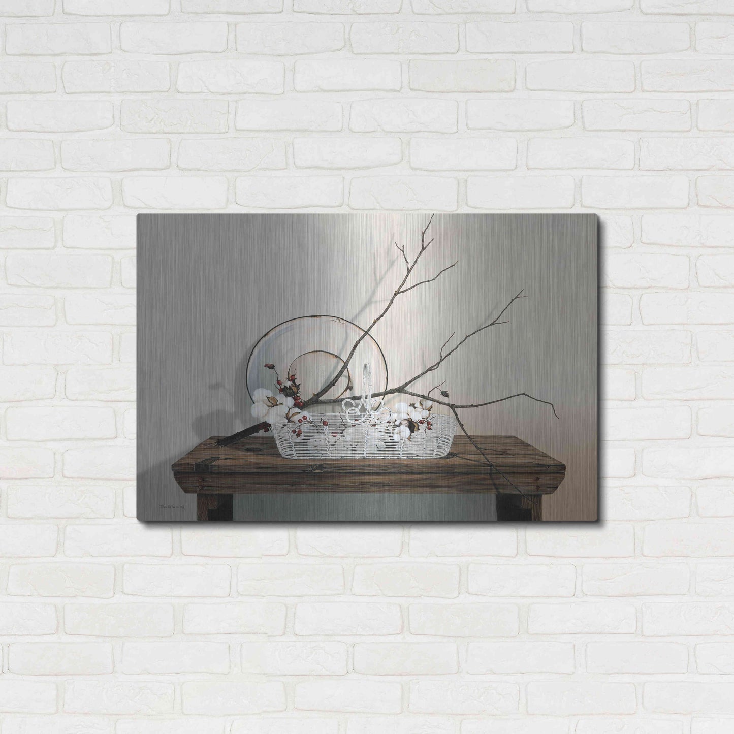 Luxe Metal Art 'Wire Basket With Cotton' by Cecile Baird, Metal Wall Art,36x24
